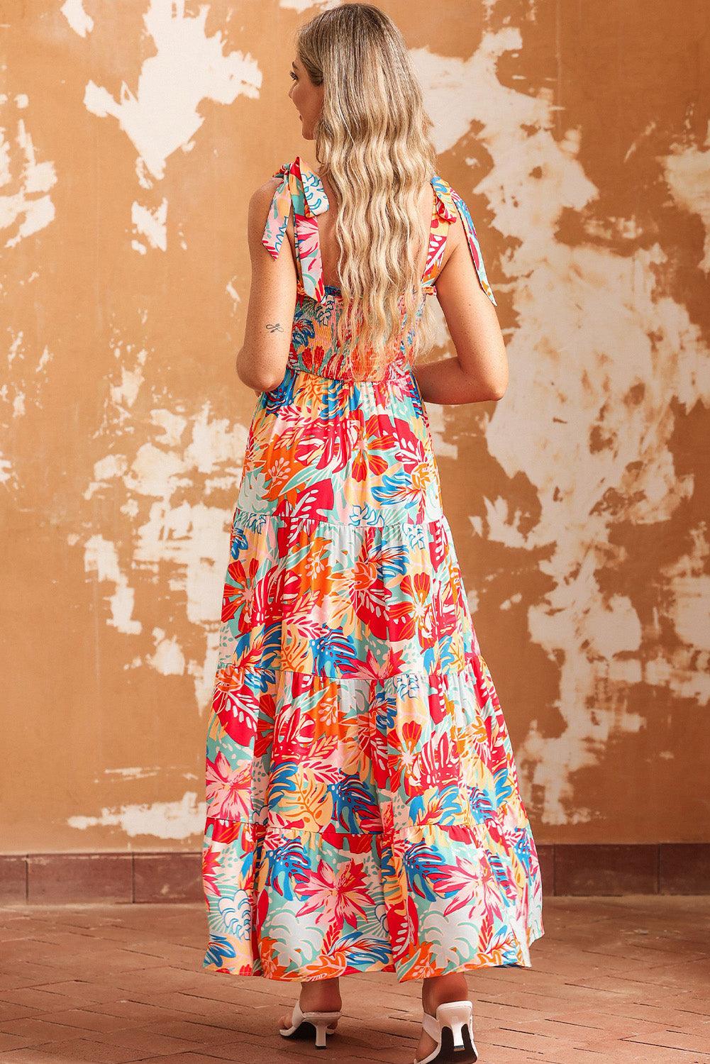 Printed Tie Shoulder Smocked Tiered Maxi Dress - Immenzive