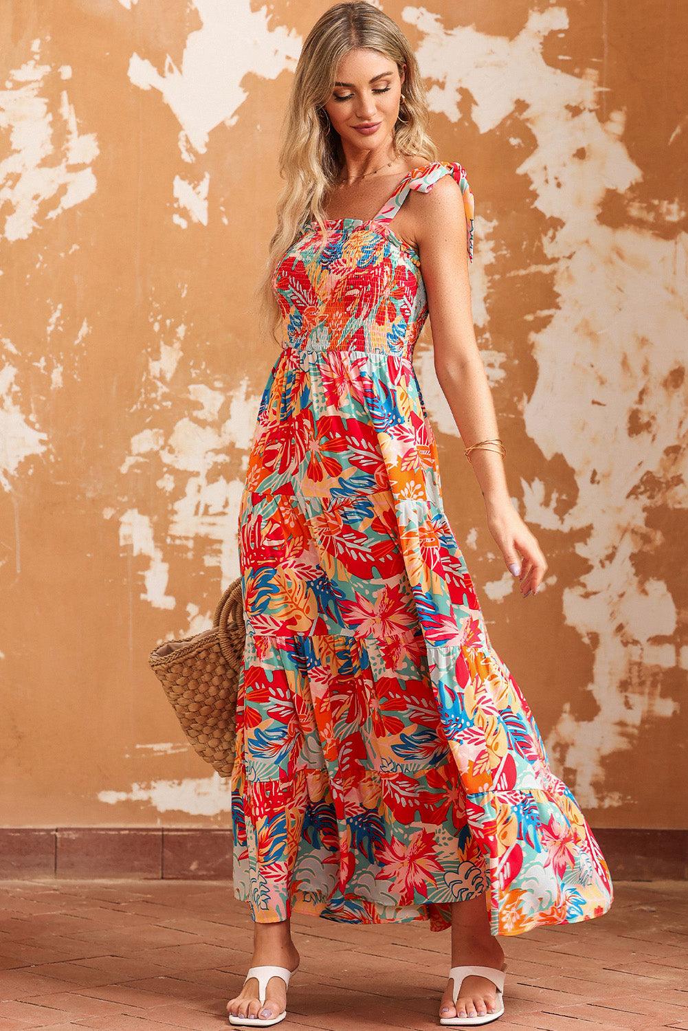 Printed Tie Shoulder Smocked Tiered Maxi Dress - Immenzive