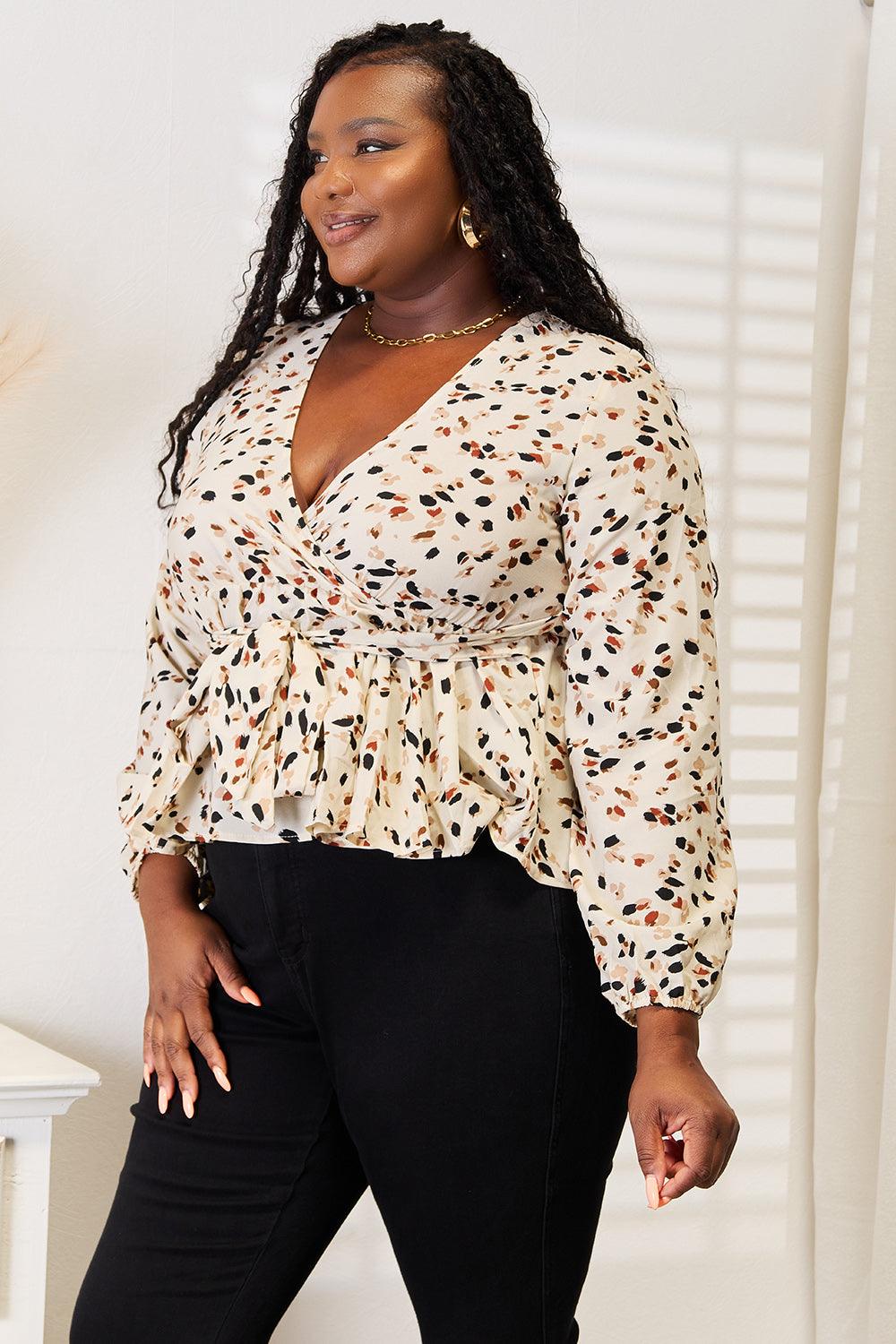 Printed Tied Plunge Peplum Blouse - Immenzive