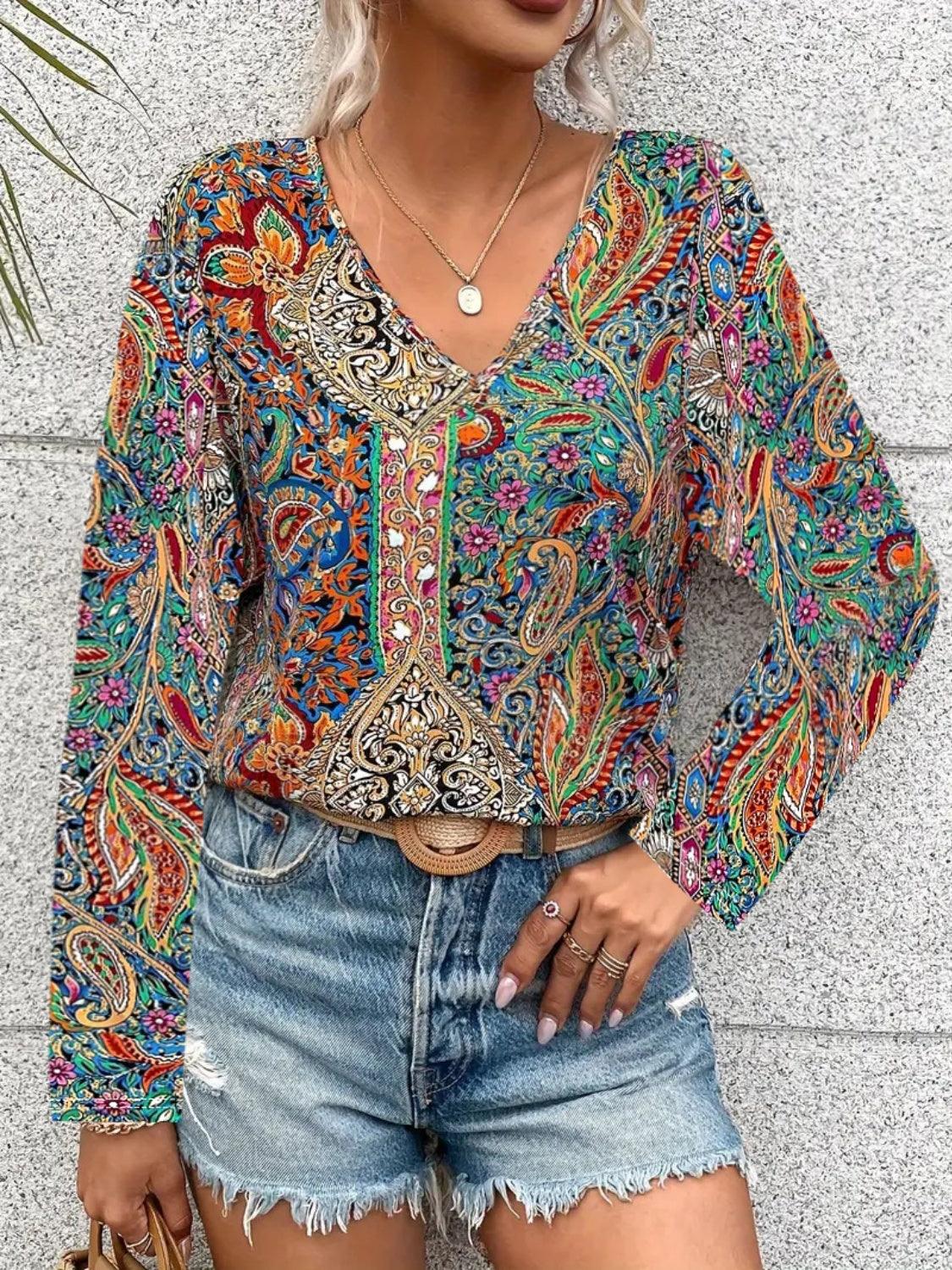 Printed V-Neck Long Sleeve Blouse - Immenzive