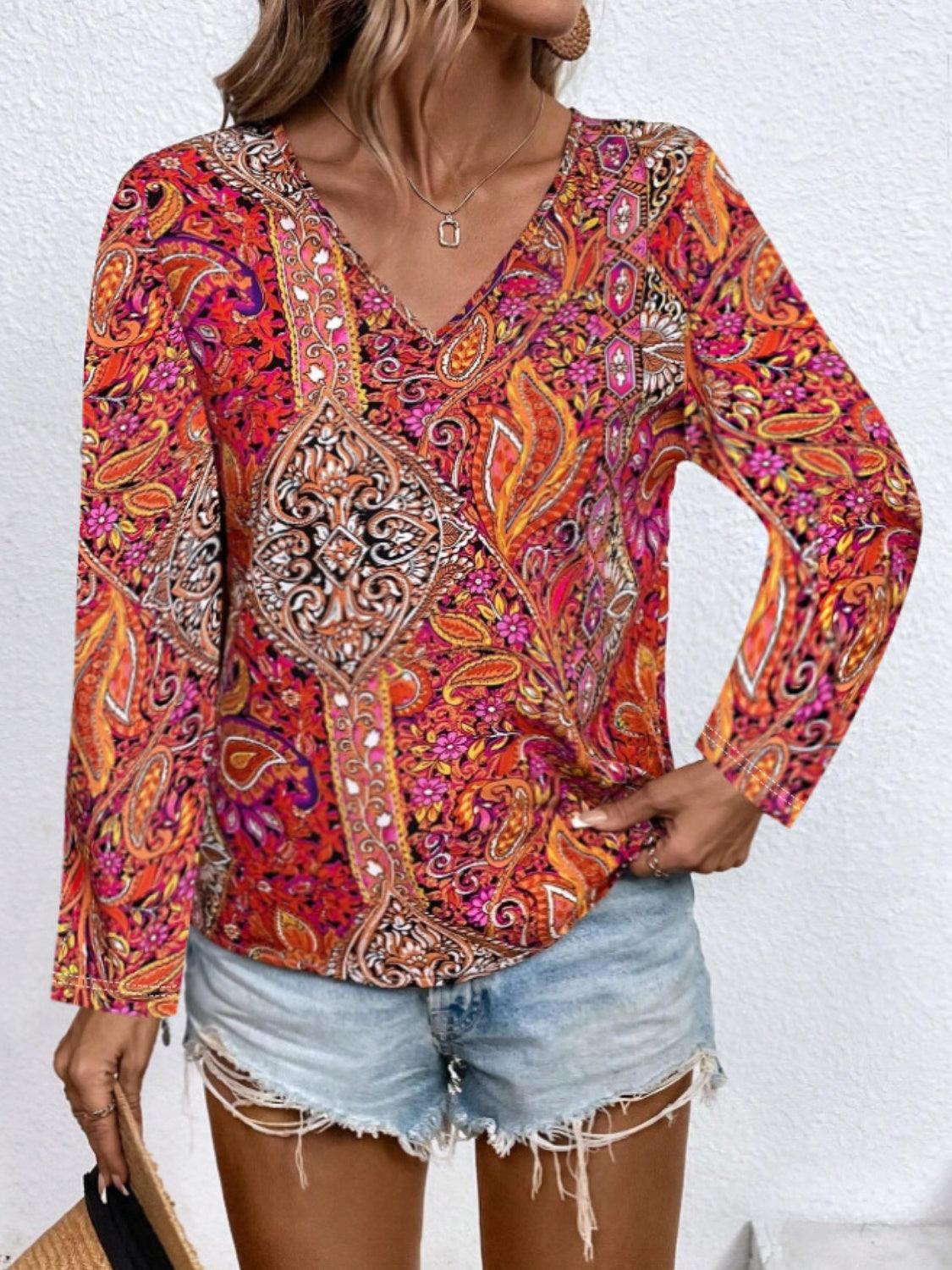 Printed V-Neck Long Sleeve Blouse - Immenzive