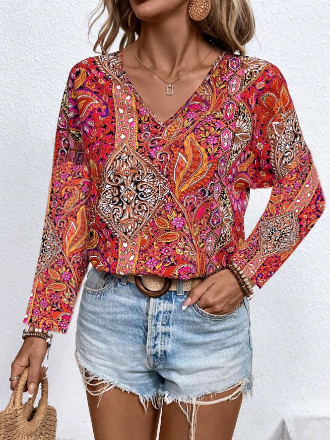 Printed V-Neck Long Sleeve Blouse - Immenzive