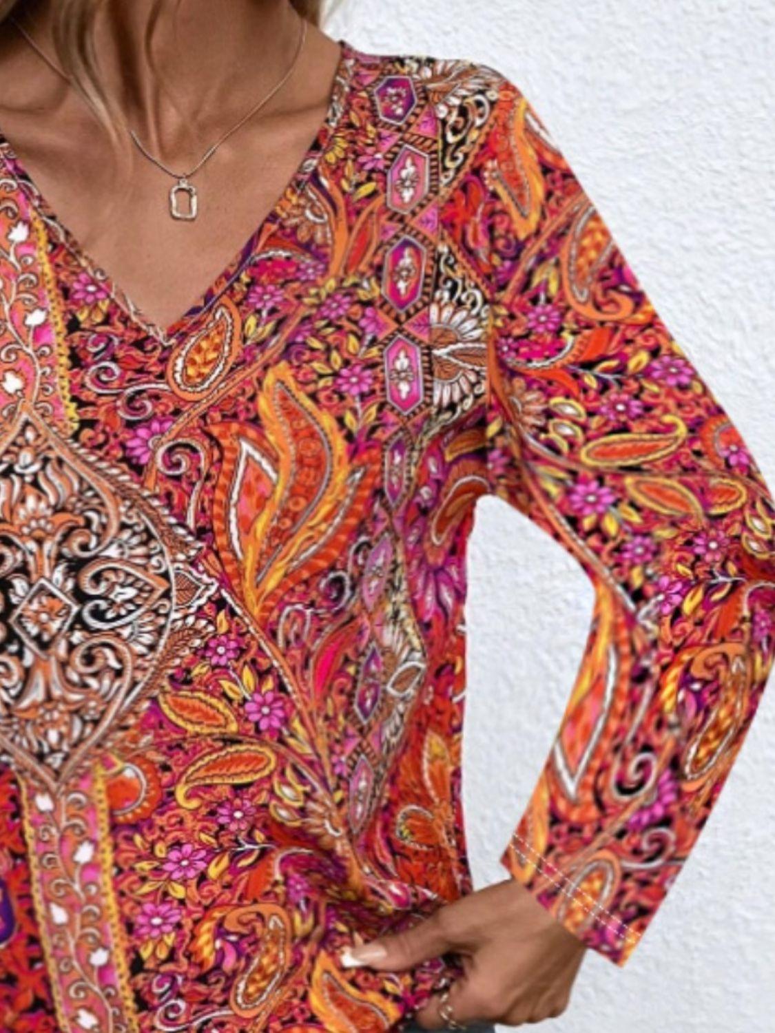 Printed V-Neck Long Sleeve Blouse - Immenzive