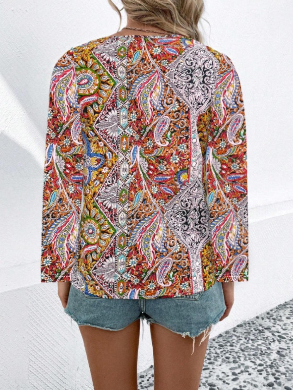 Printed V-Neck Long Sleeve Blouse - Immenzive