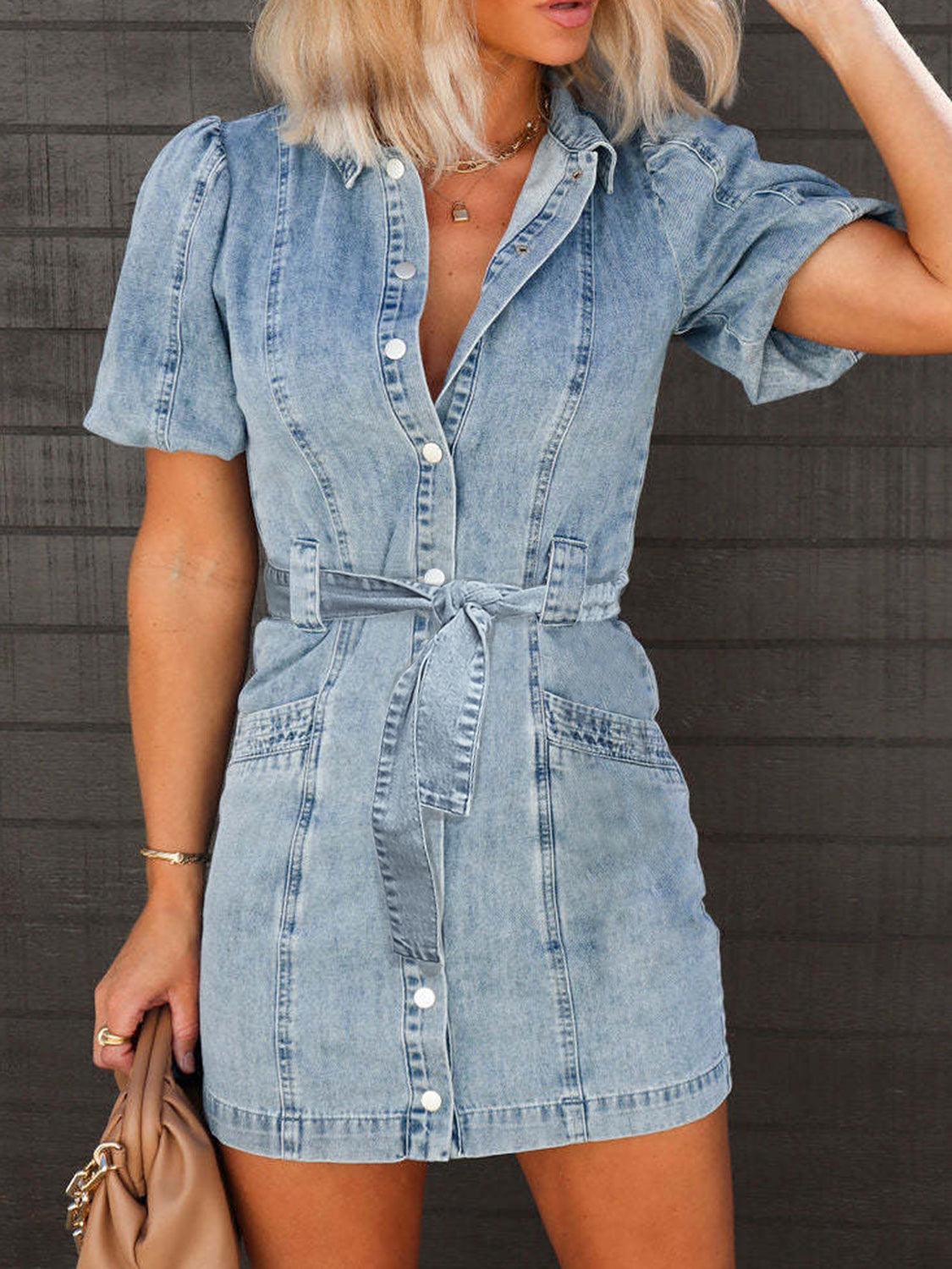 Puff Sleeve Button Up Mini Denim Dress - Immenzive