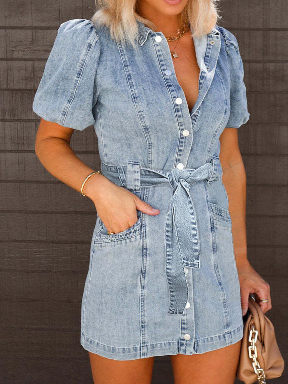 Puff Sleeve Button Up Mini Denim Dress - Immenzive