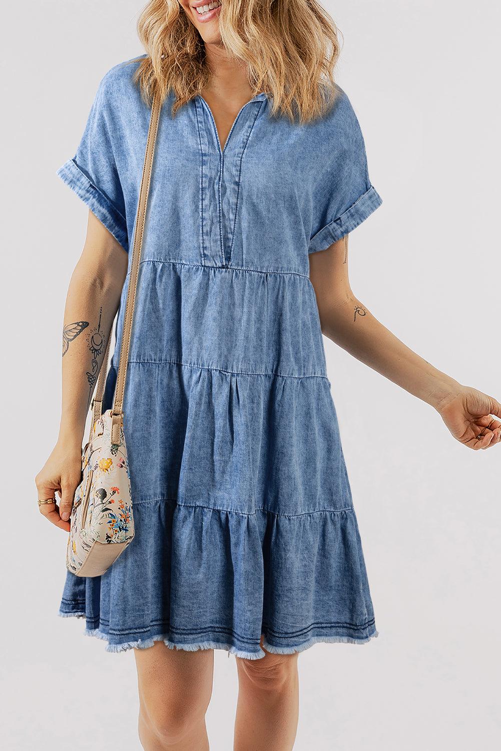 Raw Hem Collared Neck Short Sleeve Denim Dress - Immenzive