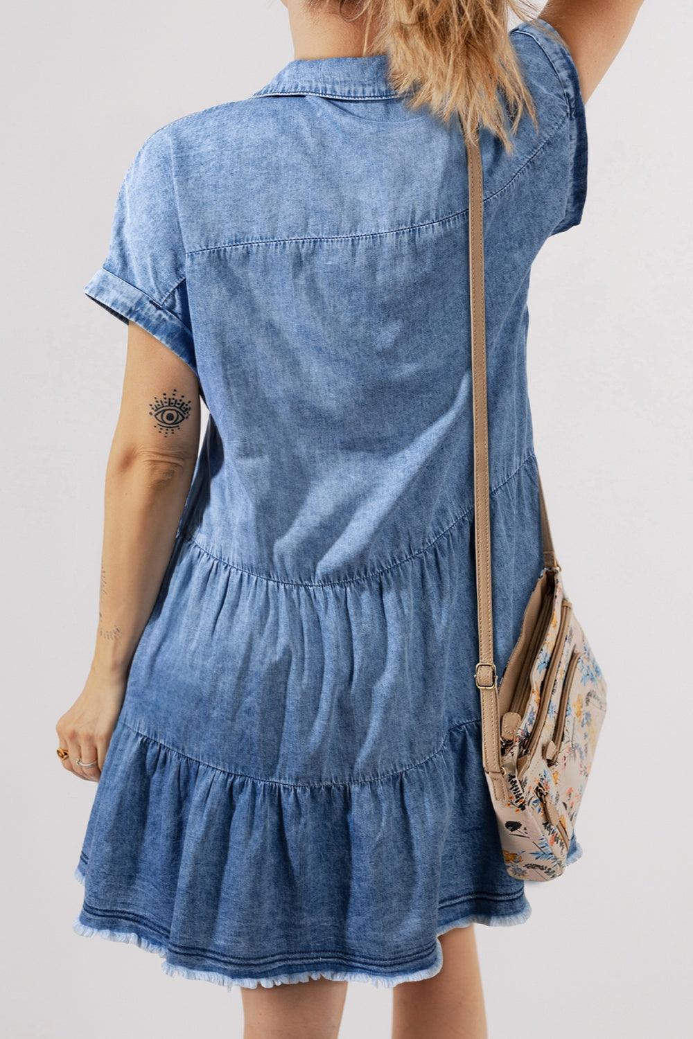 Raw Hem Collared Neck Short Sleeve Denim Dress - Immenzive