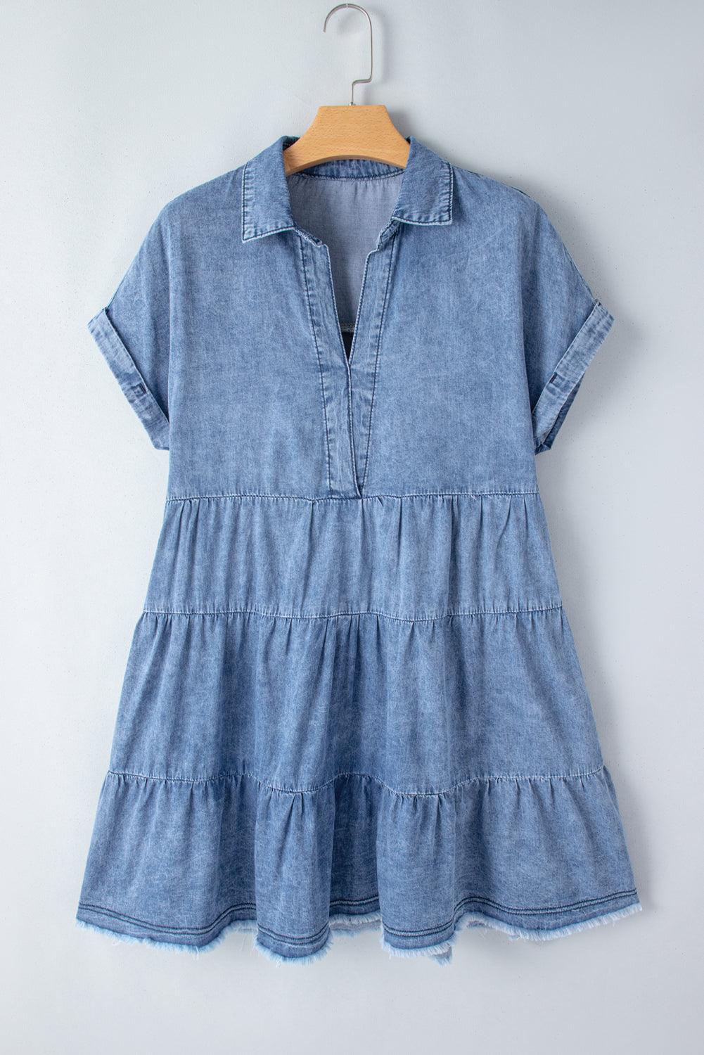 Raw Hem Collared Neck Short Sleeve Denim Dress - Immenzive