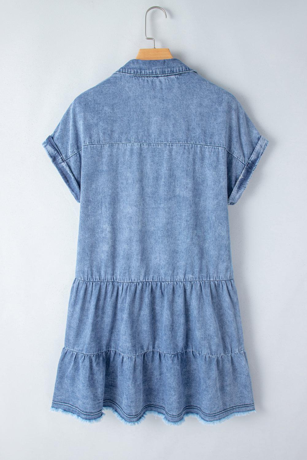 Raw Hem Collared Neck Short Sleeve Denim Dress - Immenzive