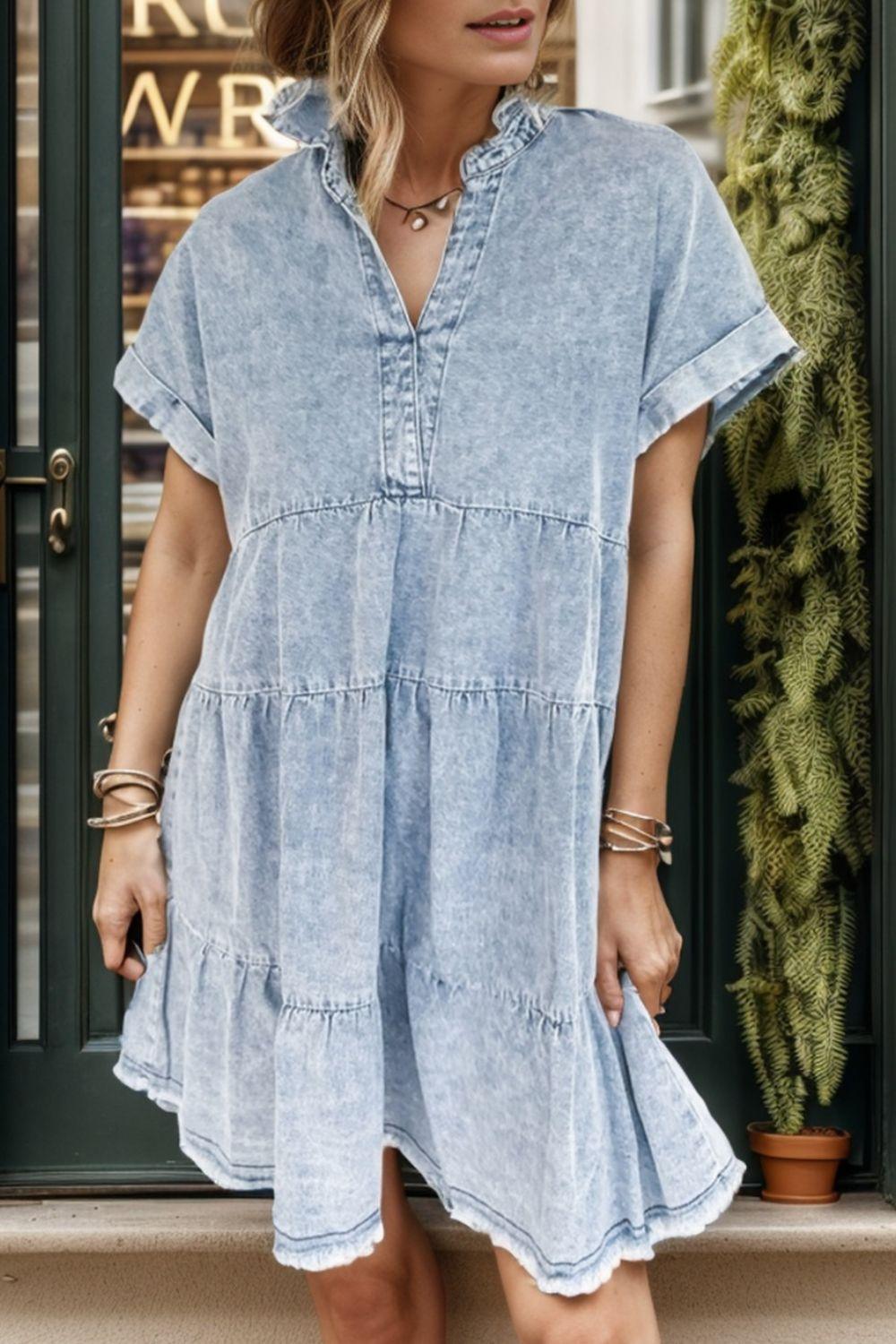 Raw Hem Notched Short Sleeve Denim Dress - Immenzive