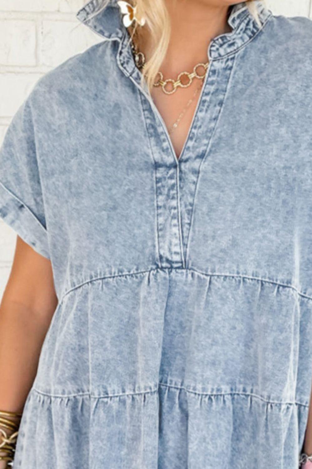 Raw Hem Notched Short Sleeve Denim Dress - Immenzive