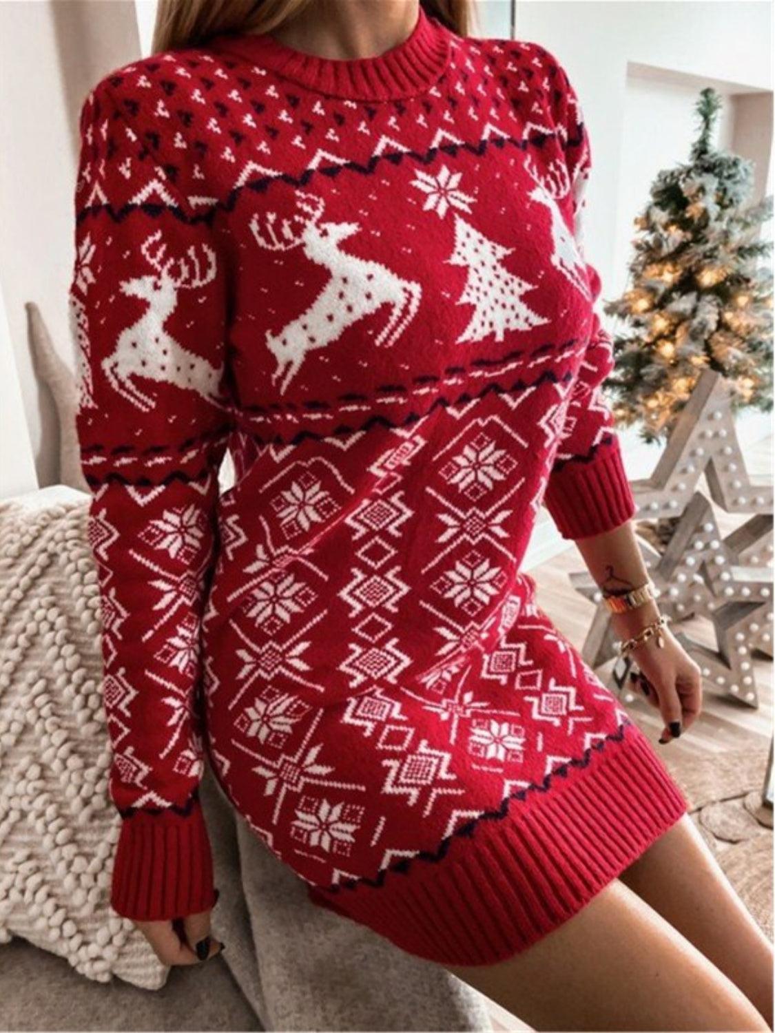 Reindeer & Snowflake Round Neck Sweater Dress - Immenzive