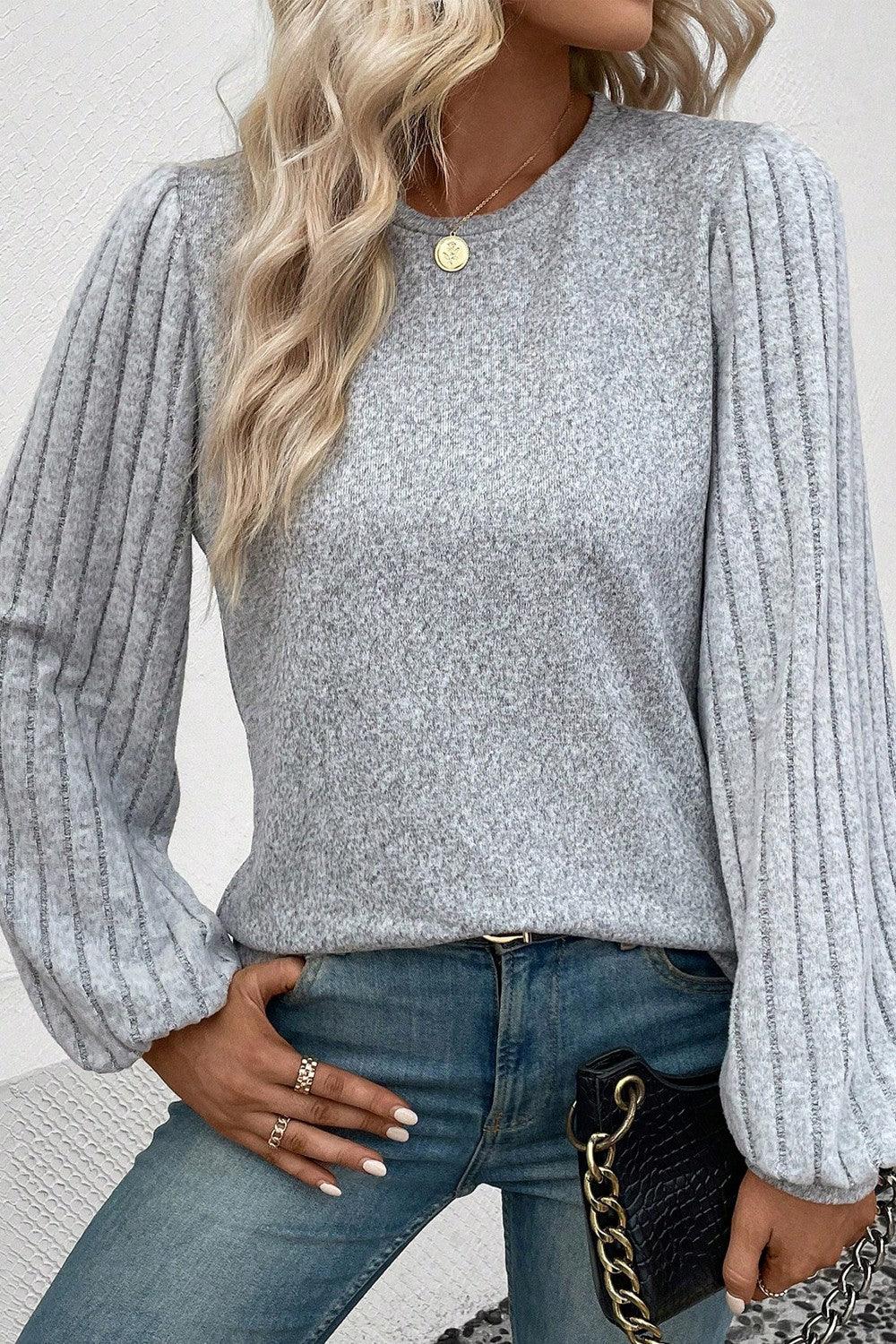 Ribbed Round Neck Long Sleeve Knit Top - Immenzive