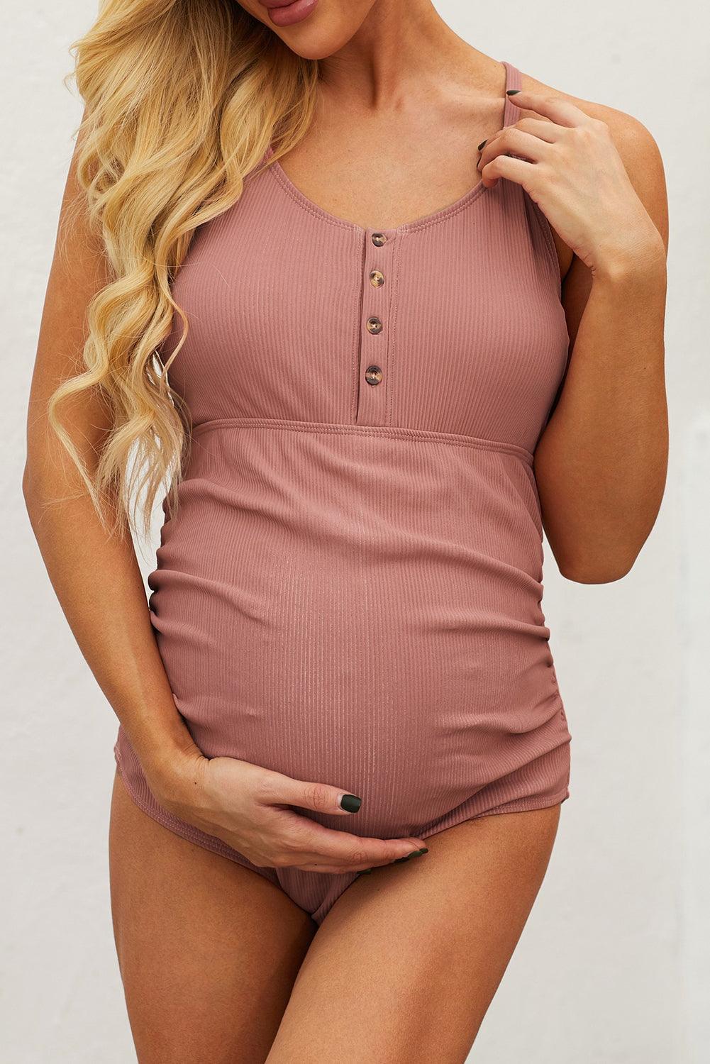 Ribbed Spaghetti Strap One-Piece Maternity Swimsuit - Immenzive