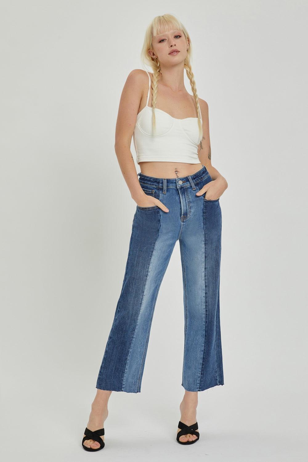 RISEN Full Size Mid-Rise Waist Two-Tones Jeans with Pockets - Immenzive