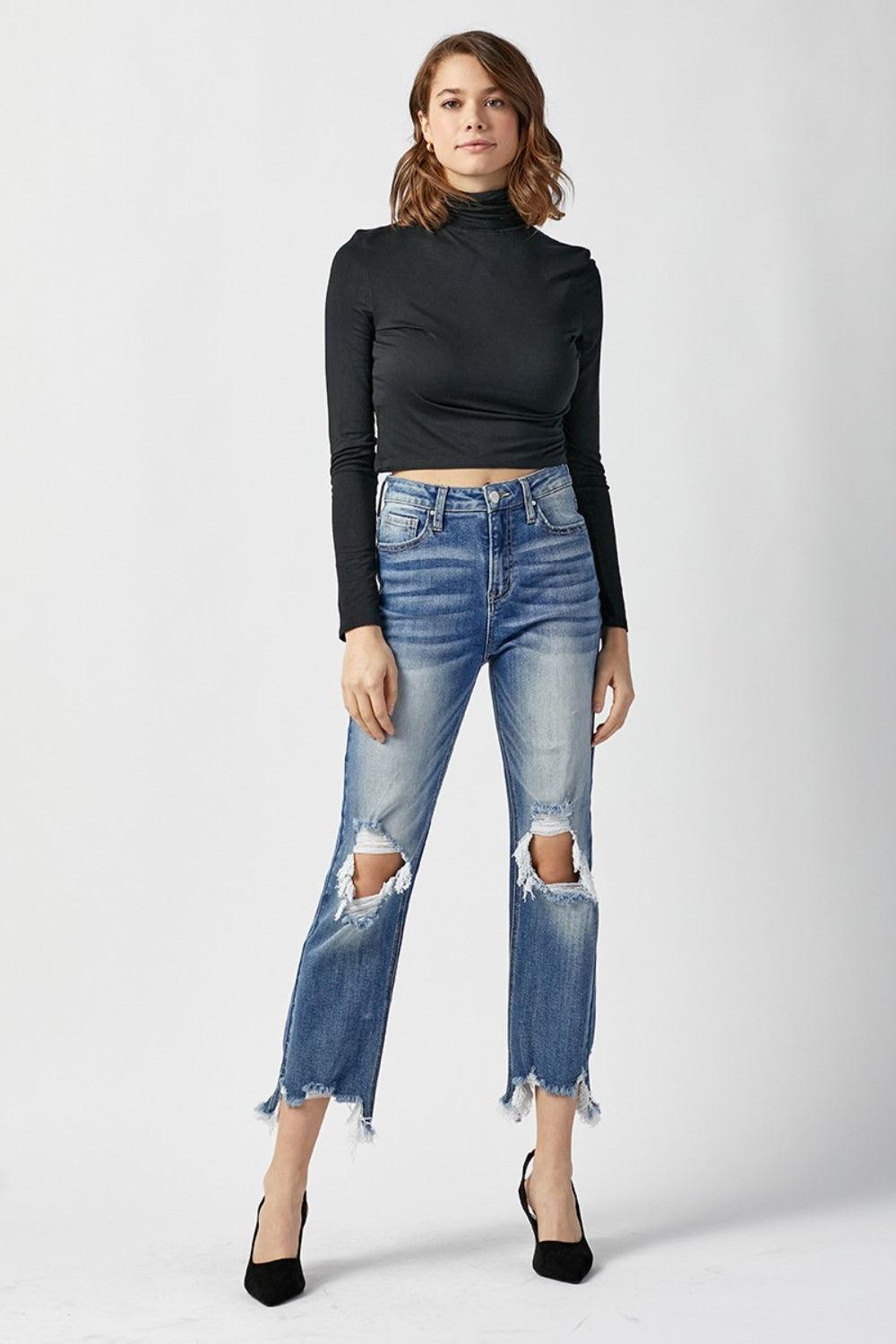 RISEN High Waist Distressed Frayed Hem Cropped Straight Jeans - Immenzive