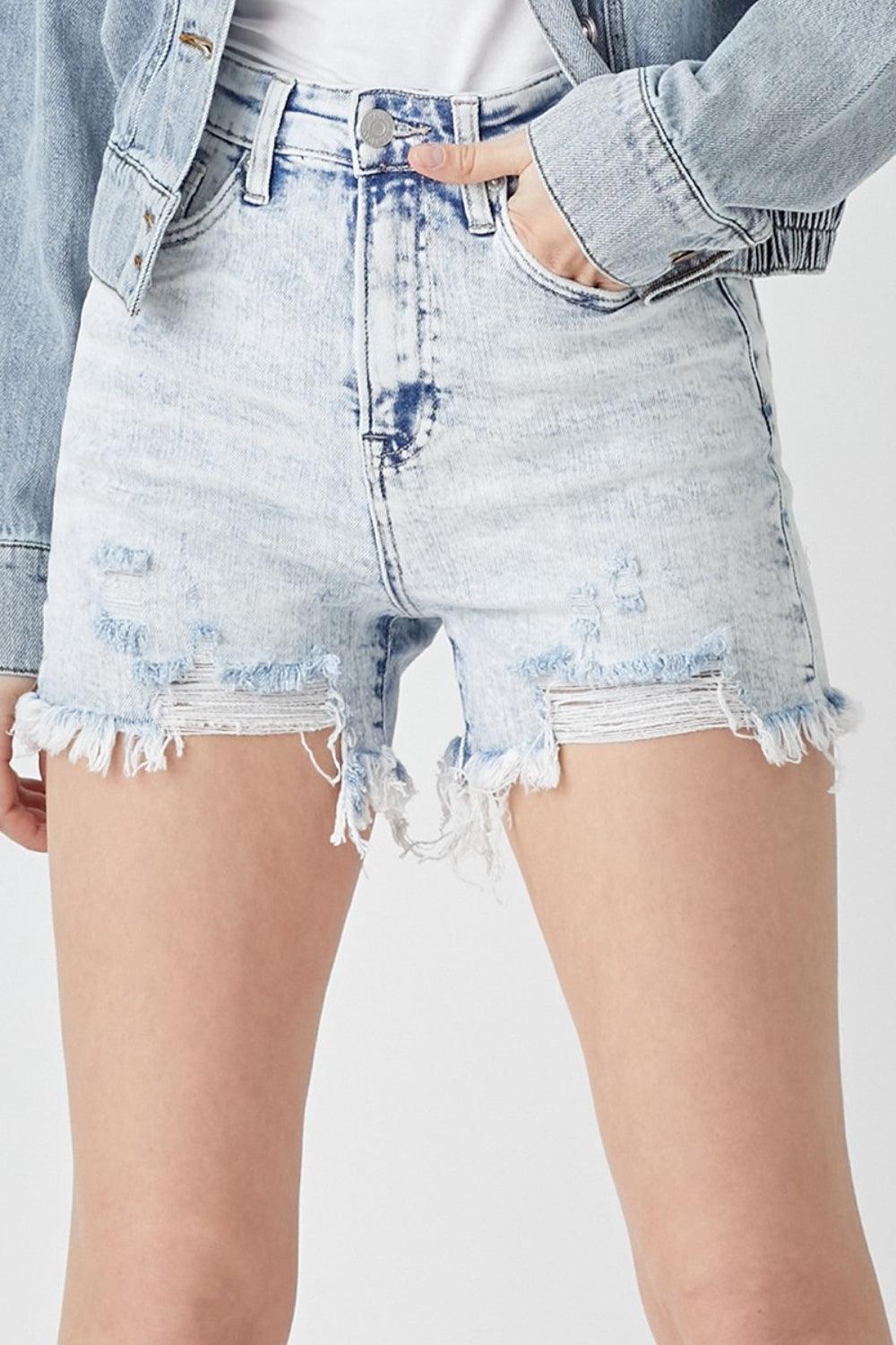 RISEN Raw Hem Distressed High Rise Denim Shorts - Immenzive