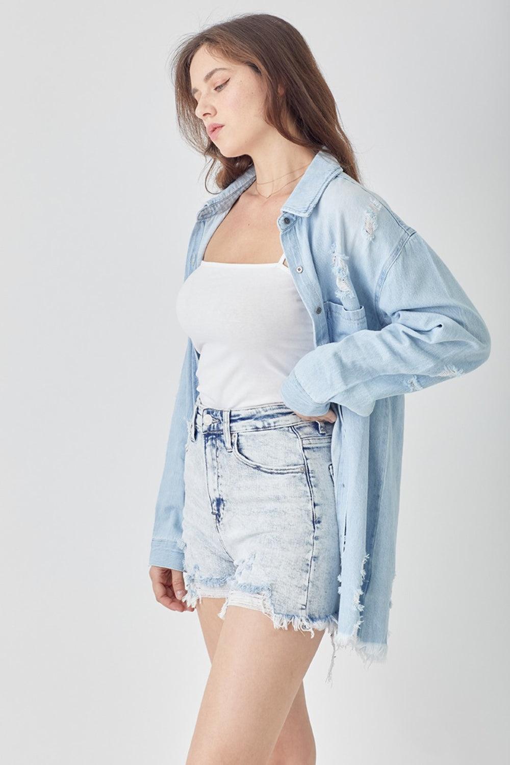 RISEN Raw Hem Distressed High Rise Denim Shorts - Immenzive