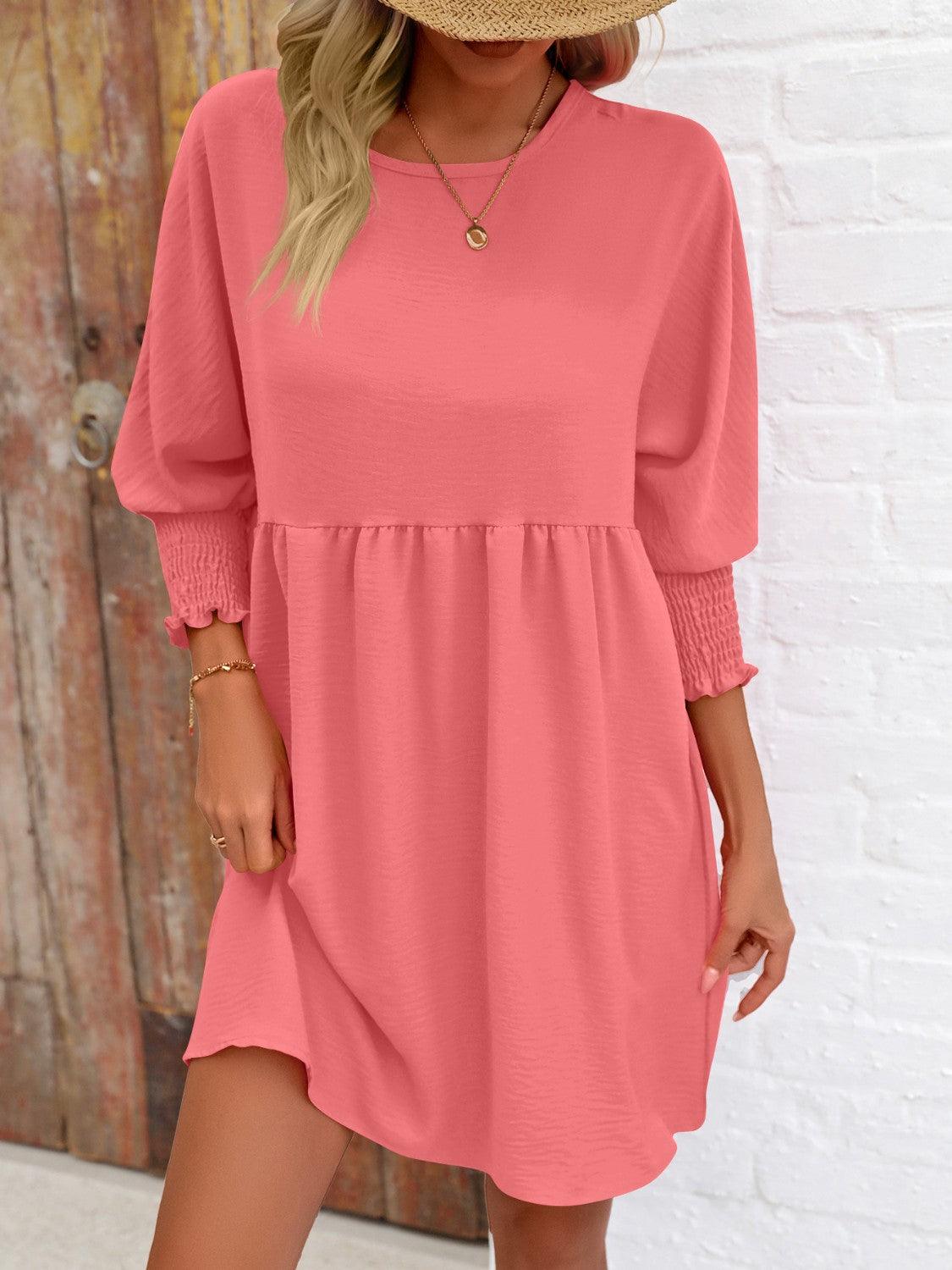 Round Neck Lantern Sleeve Mini Dress - Immenzive