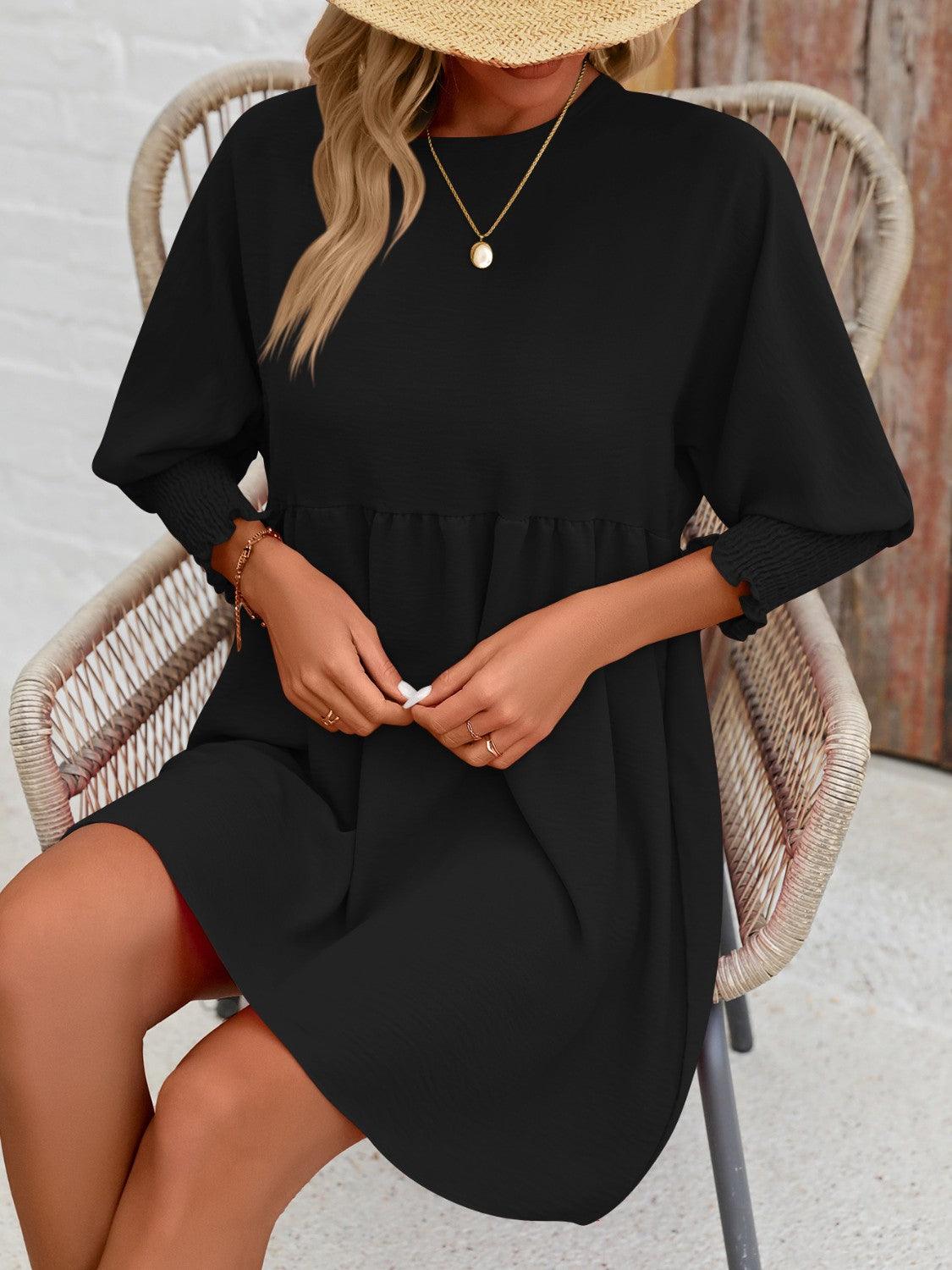 Round Neck Lantern Sleeve Mini Dress - Immenzive