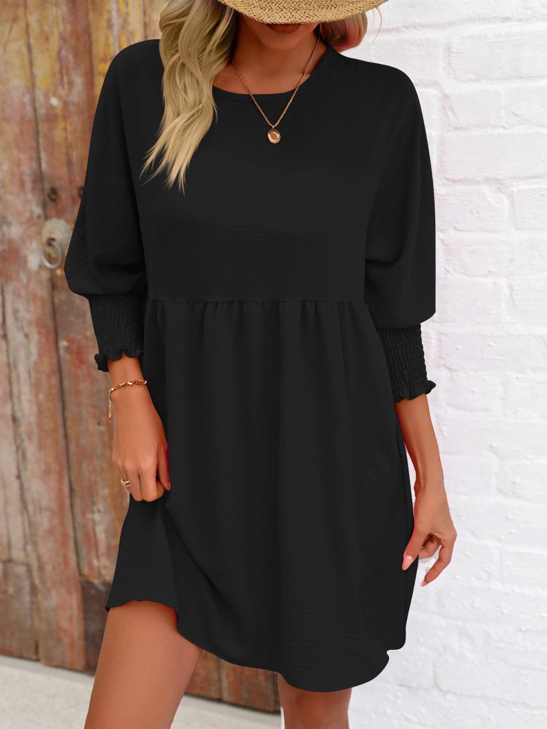 Round Neck Lantern Sleeve Mini Dress - Immenzive