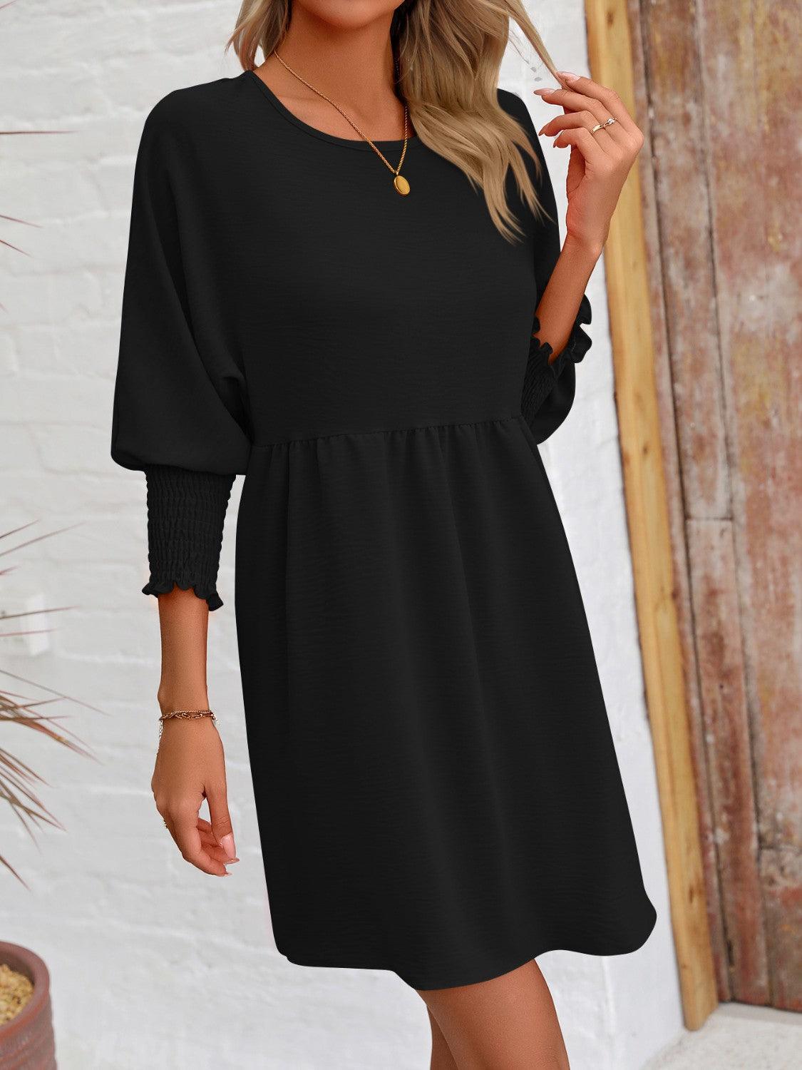 Round Neck Lantern Sleeve Mini Dress - Immenzive