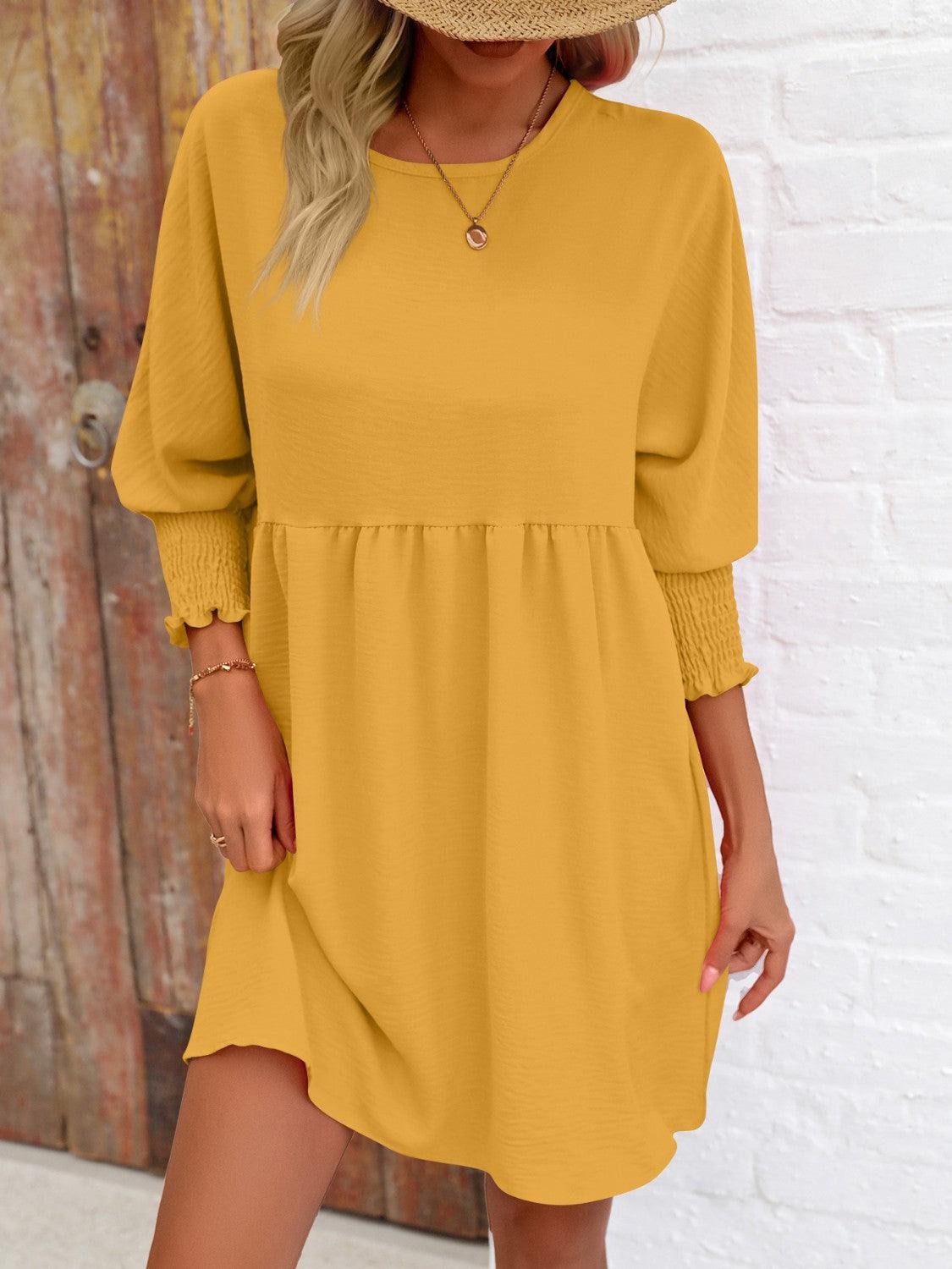 Round Neck Lantern Sleeve Mini Dress - Immenzive