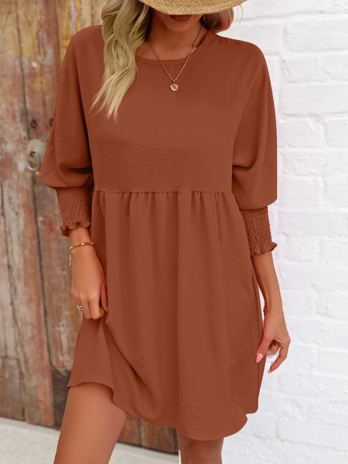 Round Neck Lantern Sleeve Mini Dress - Immenzive