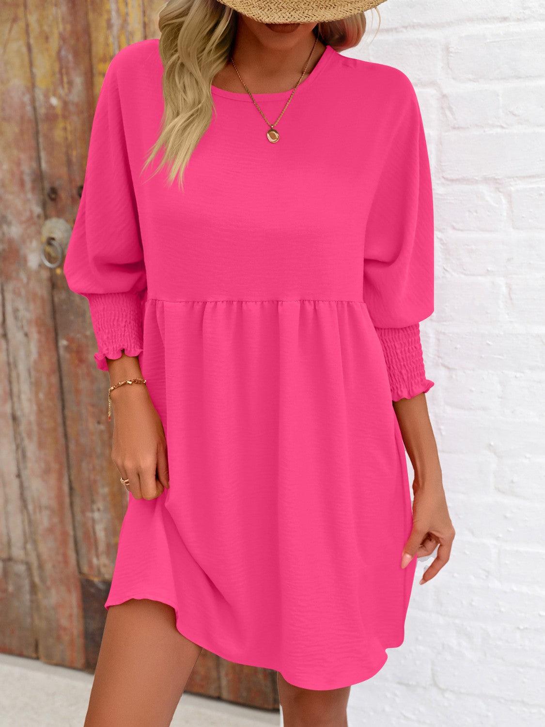 Round Neck Lantern Sleeve Mini Dress - Immenzive