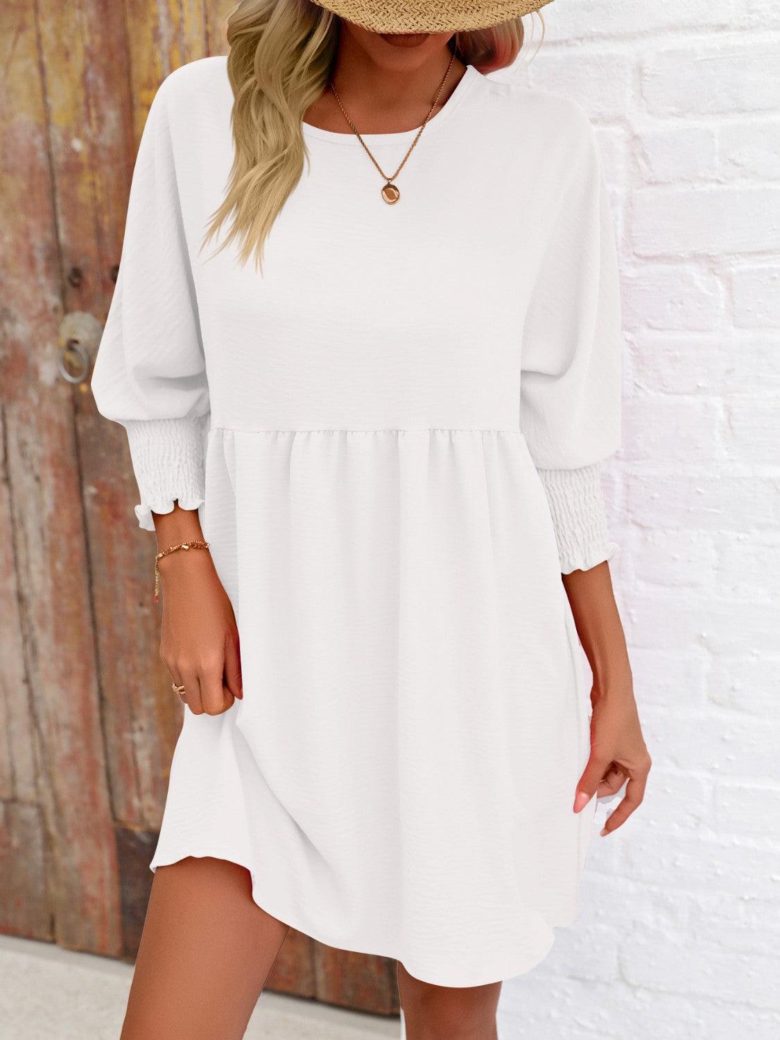 Round Neck Lantern Sleeve Mini Dress - Immenzive