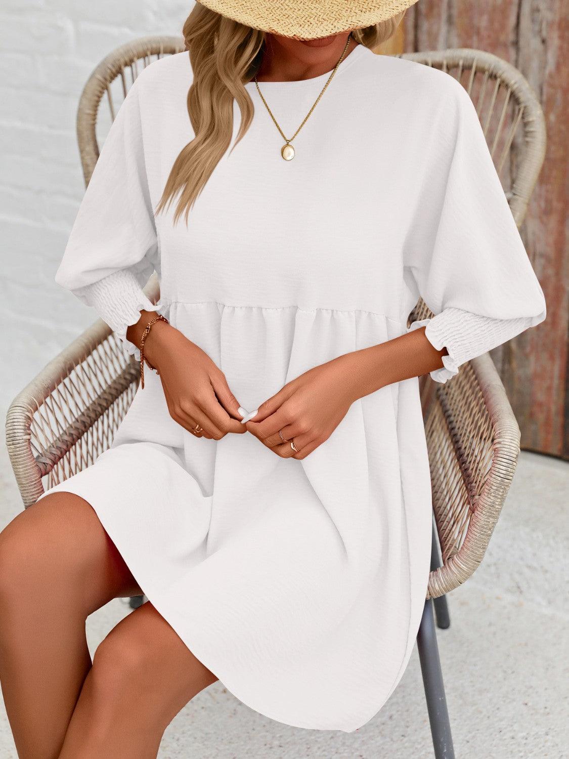 Round Neck Lantern Sleeve Mini Dress - Immenzive