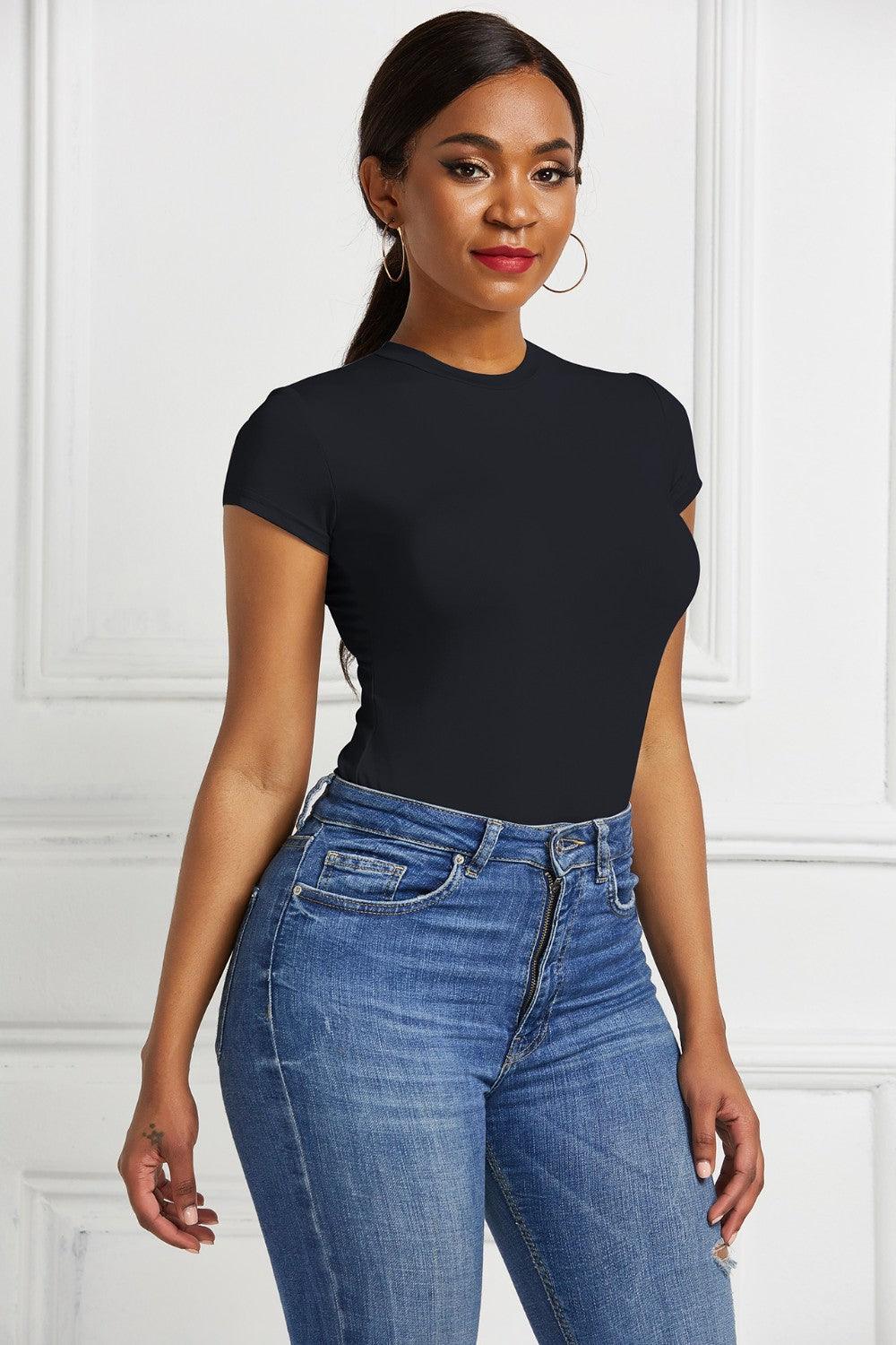 Round Neck Short Sleeve Bodysuit - Immenzive