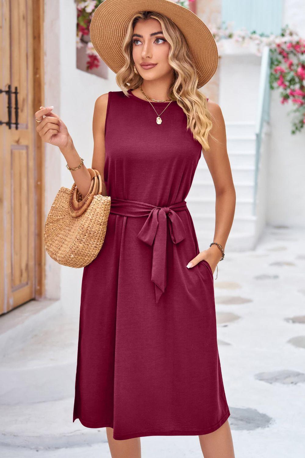 Round Neck Tie Belt Sleeveless Dress with Pockets - Immenzive