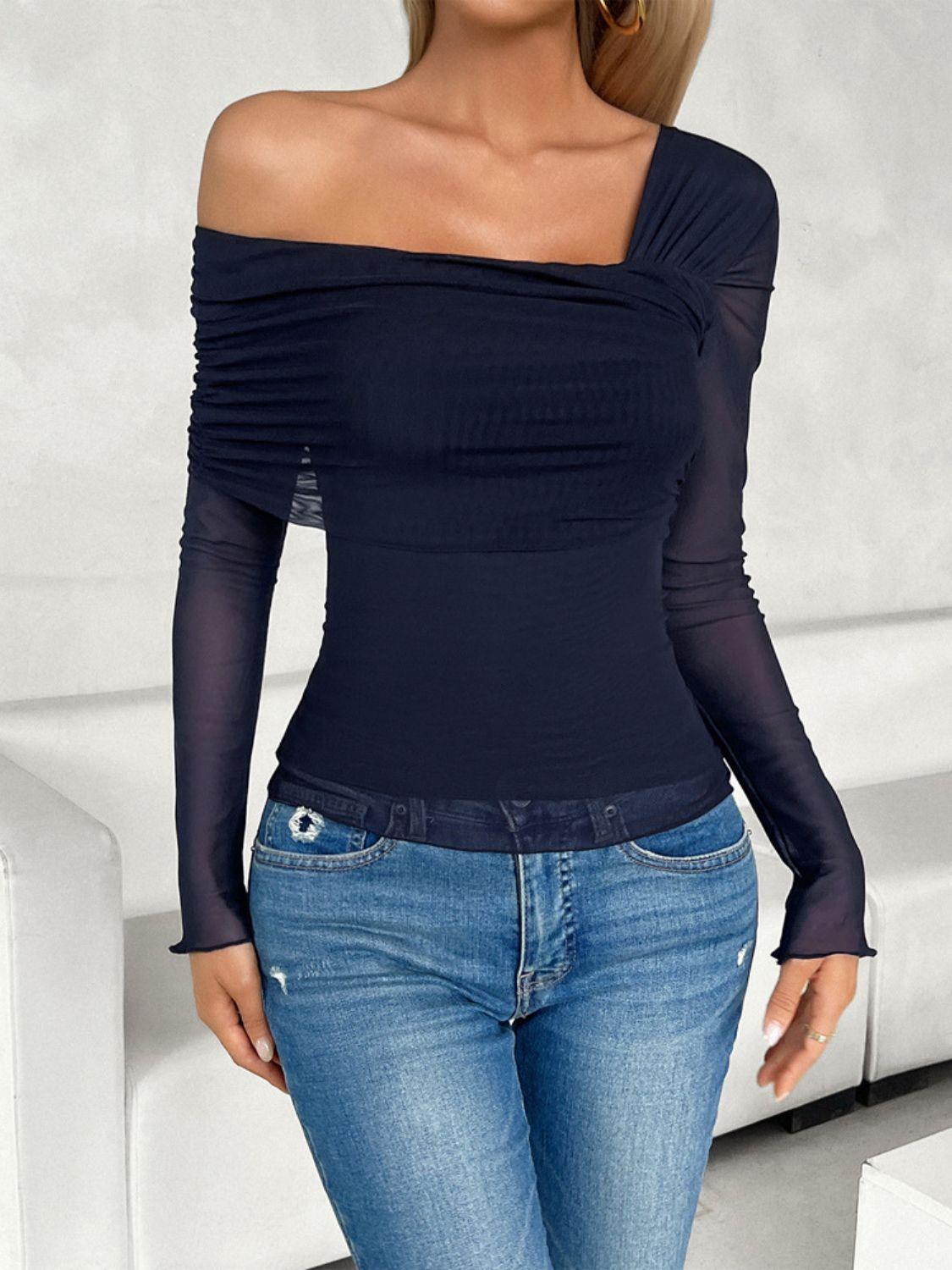 Ruched Asymmetrical Long Sleeve T-Shirt - Immenzive