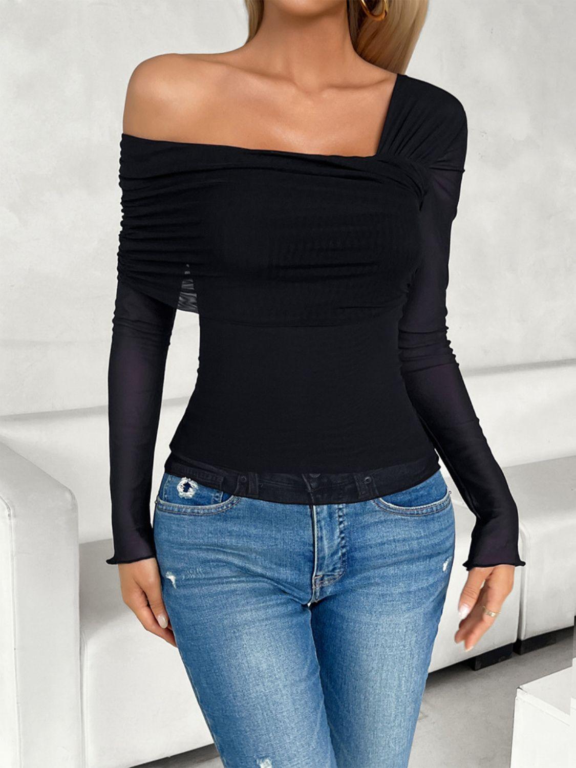 Ruched Asymmetrical Long Sleeve T-Shirt - Immenzive