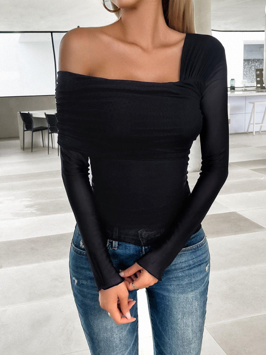 Ruched Asymmetrical Long Sleeve T-Shirt - Immenzive