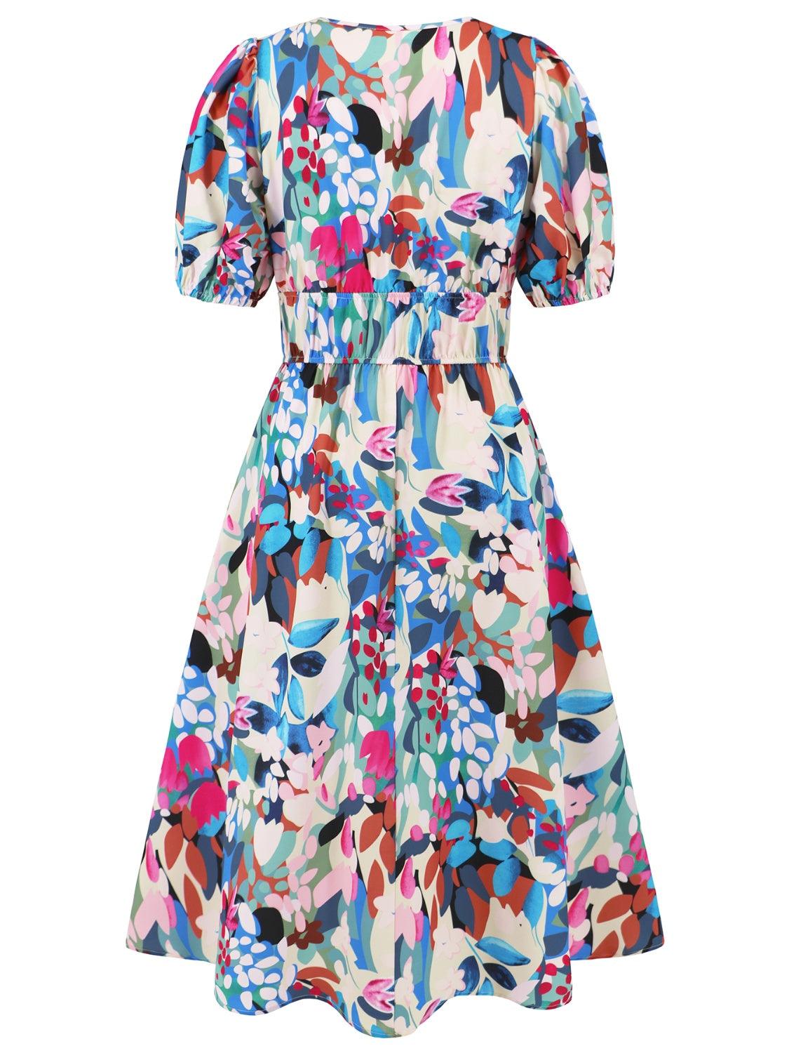 Ruched Printed Surplice Short Sleeve Dress - Immenzive