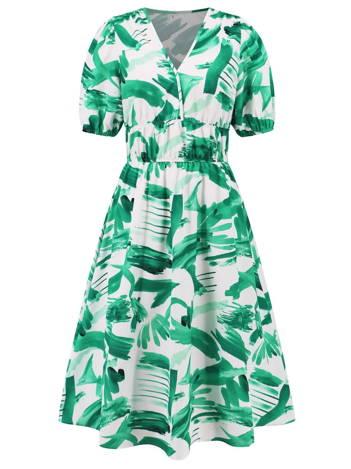 Ruched Printed Surplice Short Sleeve Dress - Immenzive