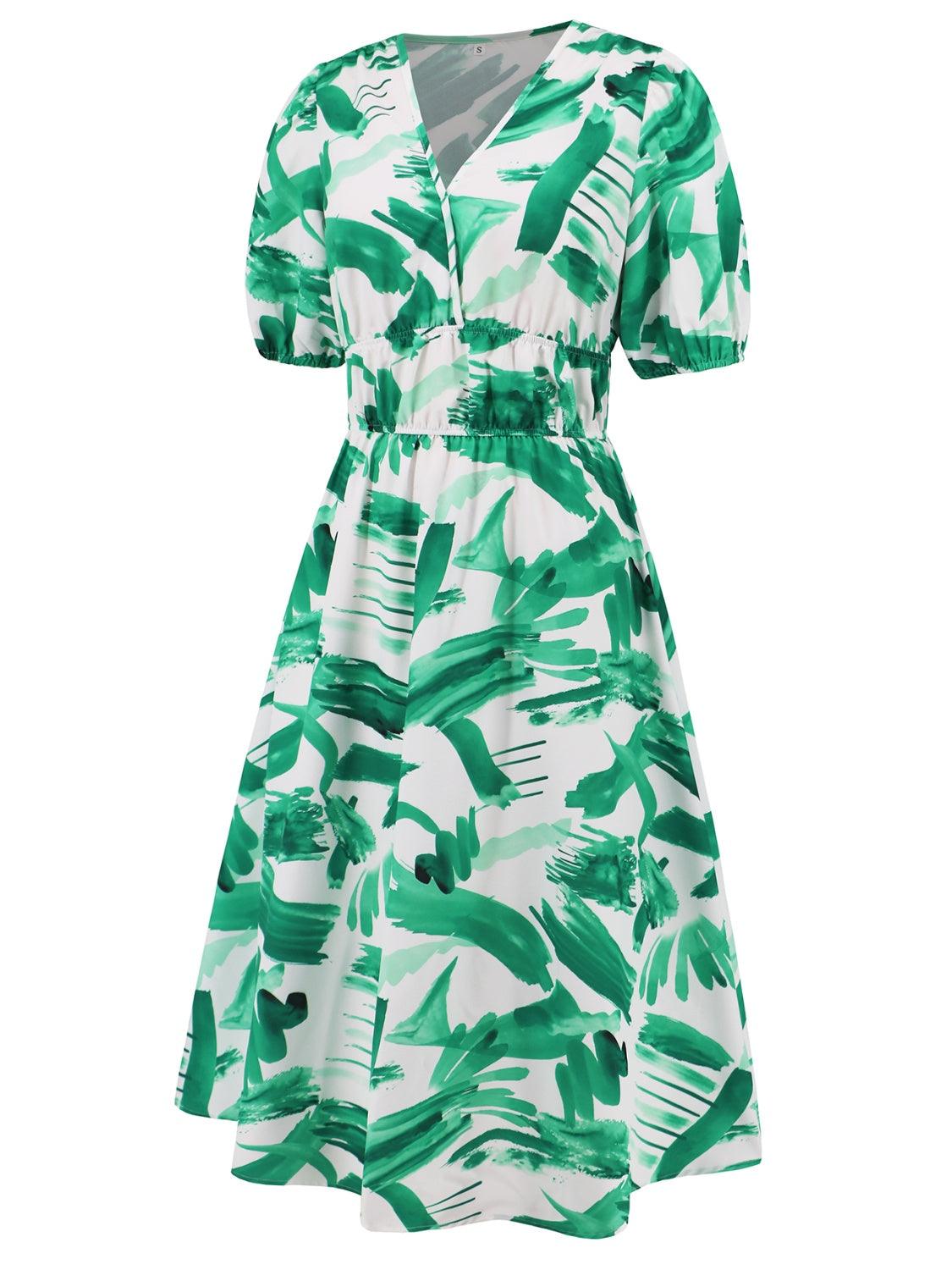 Ruched Printed Surplice Short Sleeve Dress - Immenzive