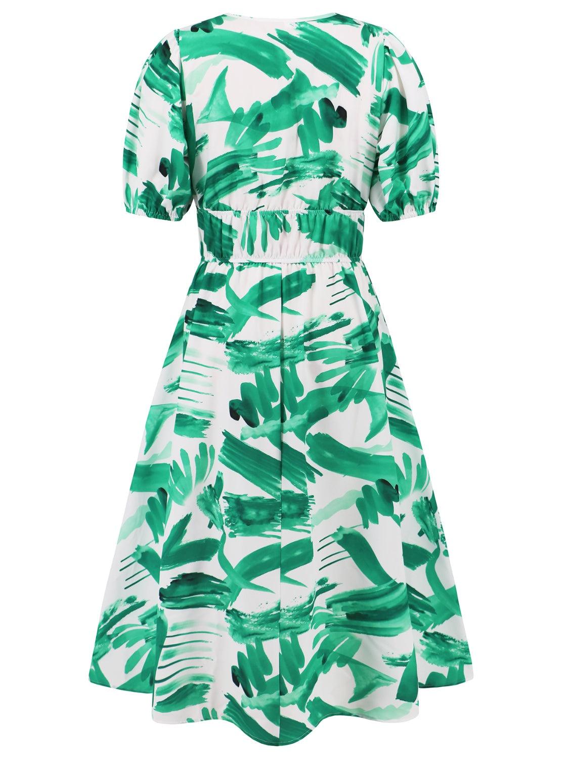 Ruched Printed Surplice Short Sleeve Dress - Immenzive