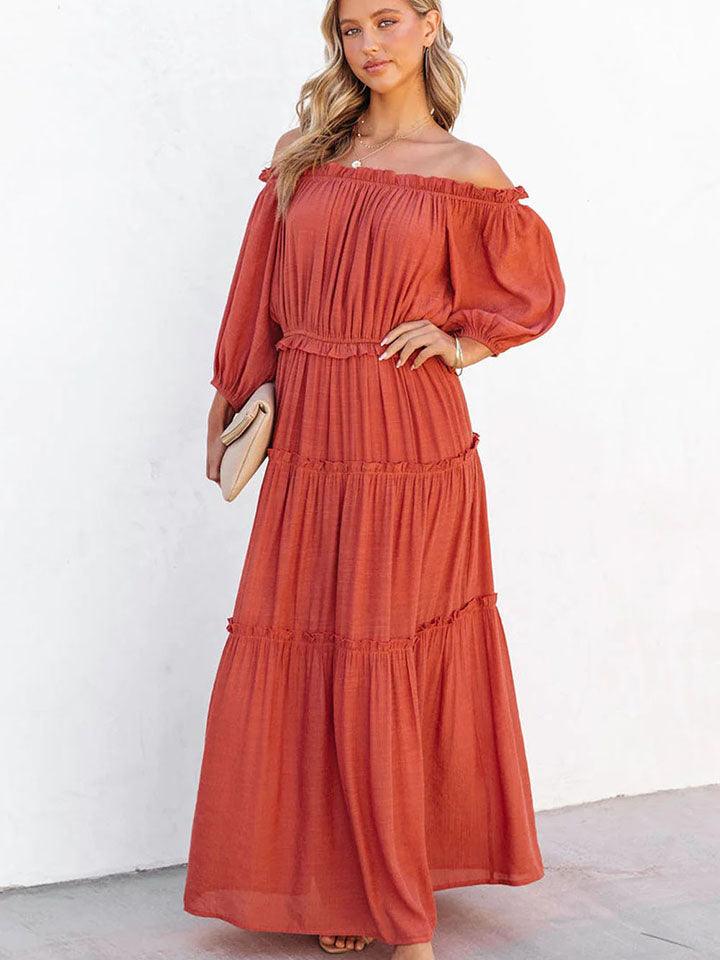 ruffle-trim-off-shoulder-long-sleeve-maxi-dress - Immenzive