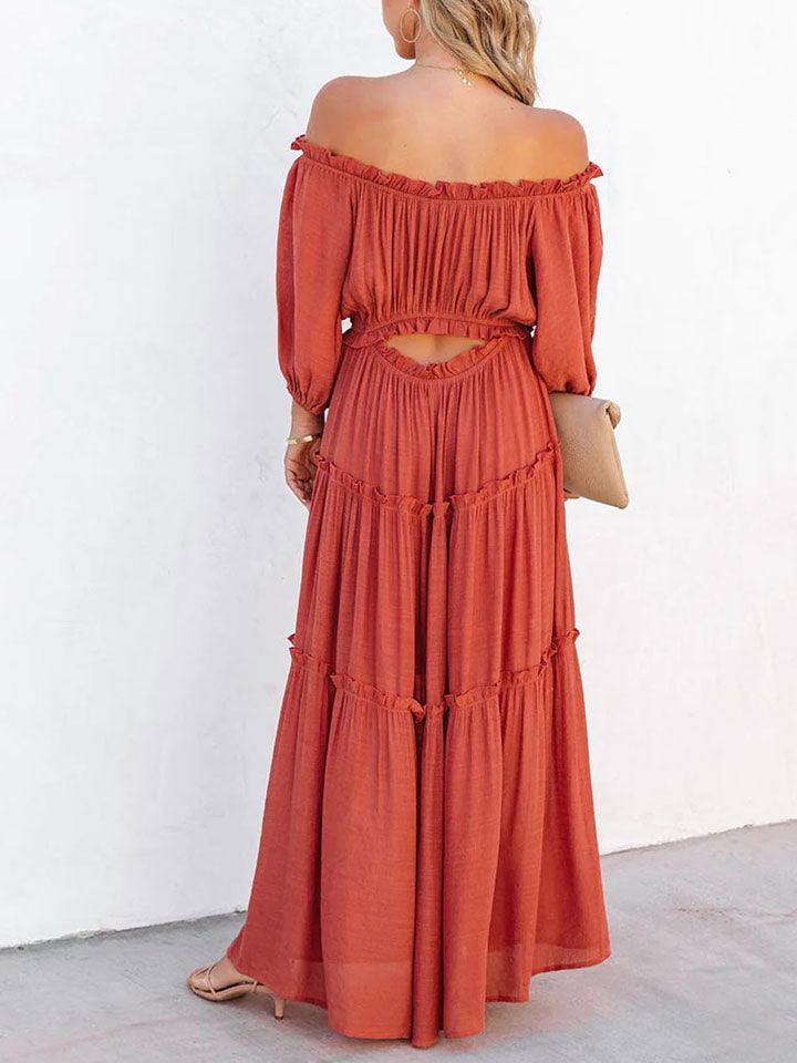 ruffle-trim-off-shoulder-long-sleeve-maxi-dress - Immenzive