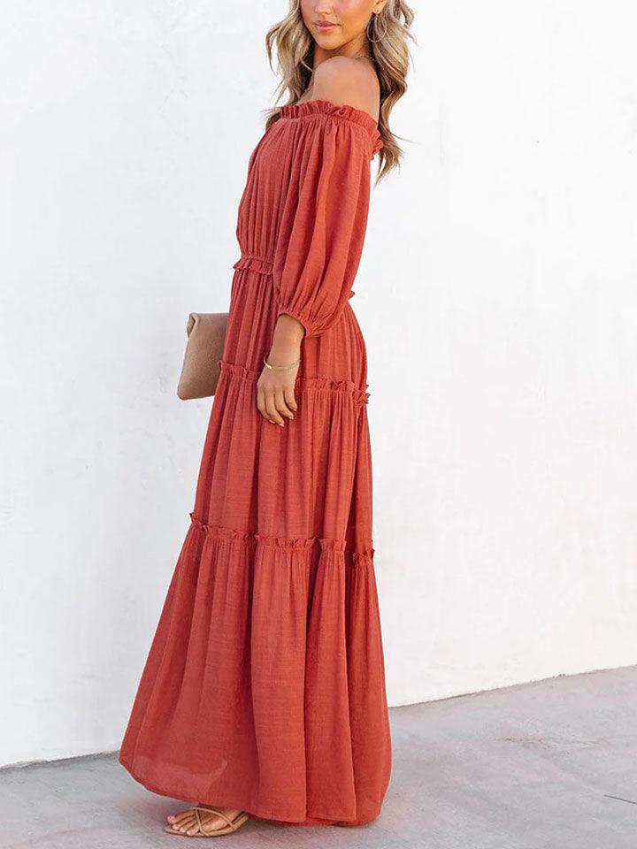 ruffle-trim-off-shoulder-long-sleeve-maxi-dress - Immenzive