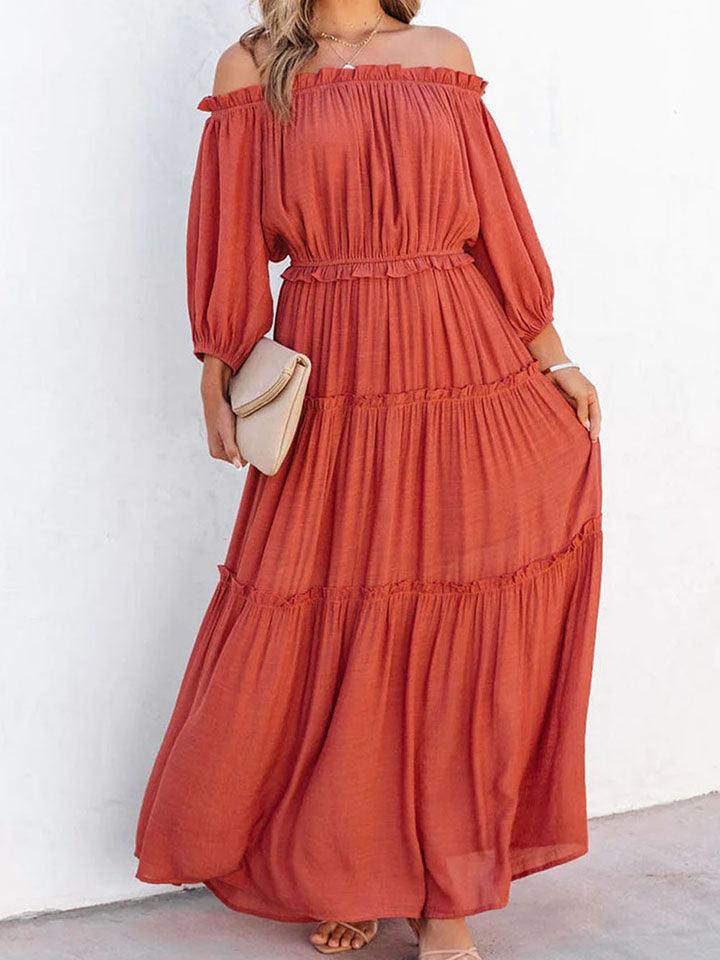 ruffle-trim-off-shoulder-long-sleeve-maxi-dress - Immenzive