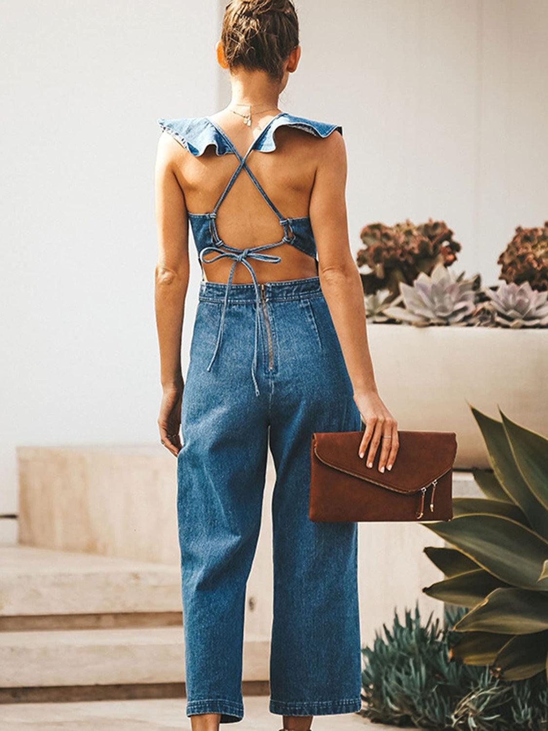 Ruffled Backless Sleeveless Denim Jumpsuit - Immenzive