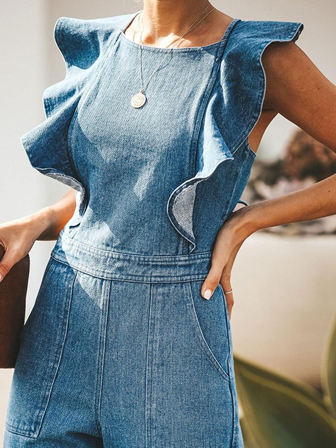 Ruffled Backless Sleeveless Denim Jumpsuit - Immenzive