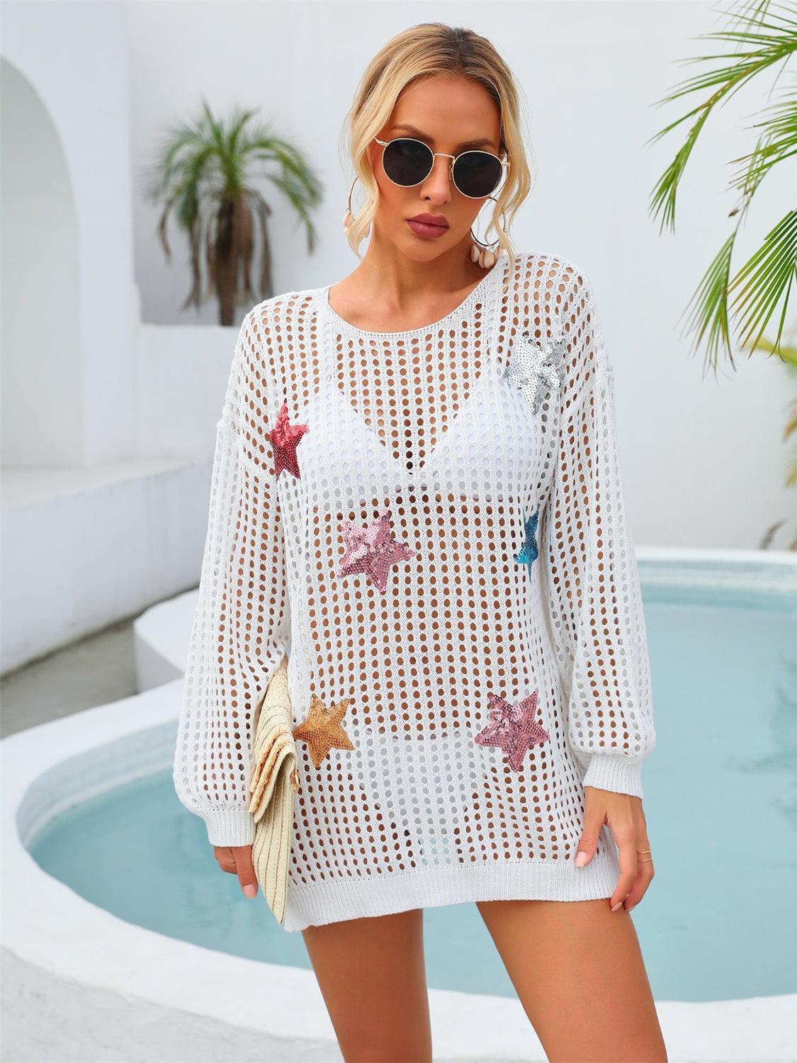 sequin-star-round-neck-long-sleeve-cover-up - Immenzive