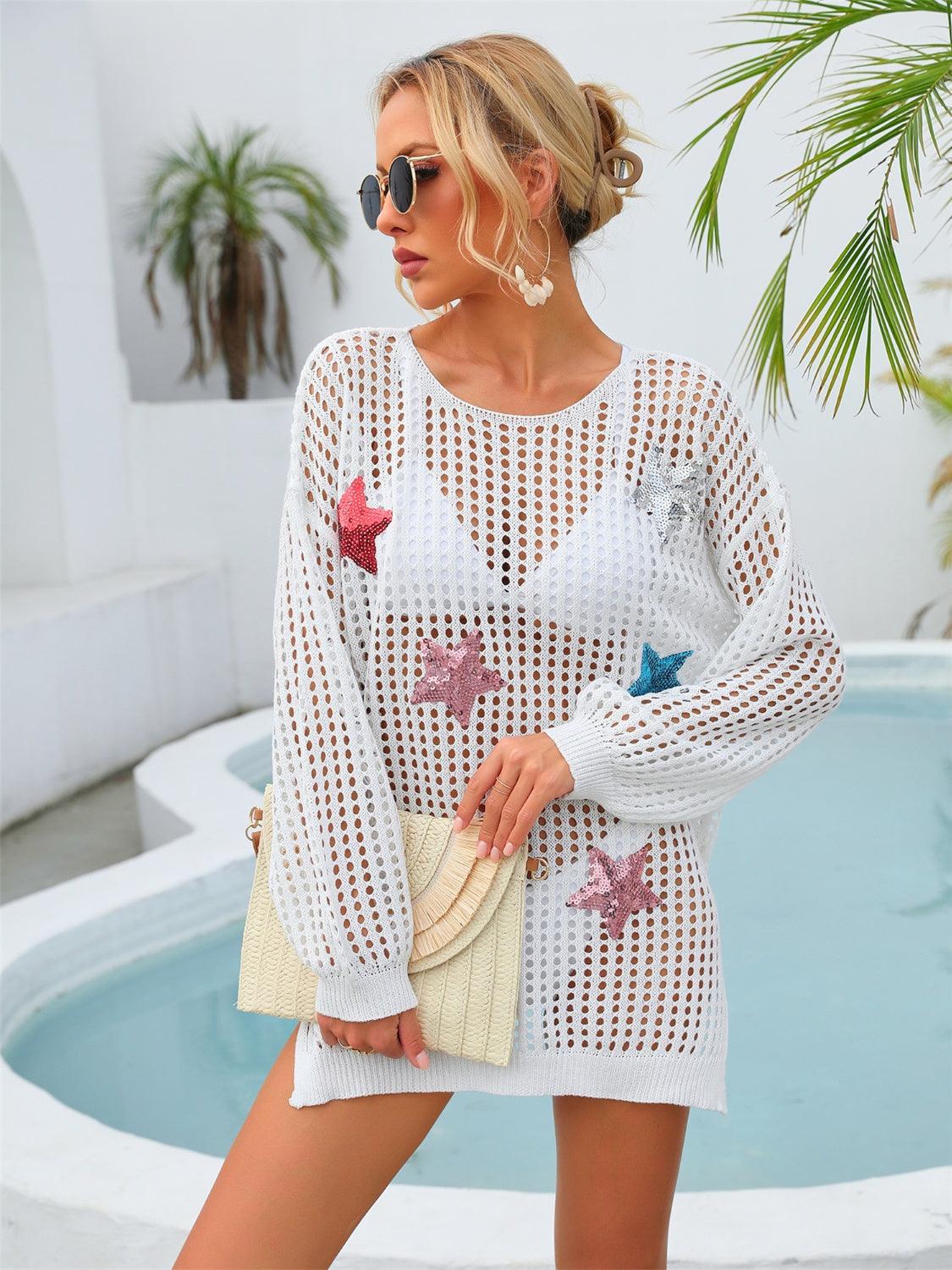 sequin-star-round-neck-long-sleeve-cover-up - Immenzive