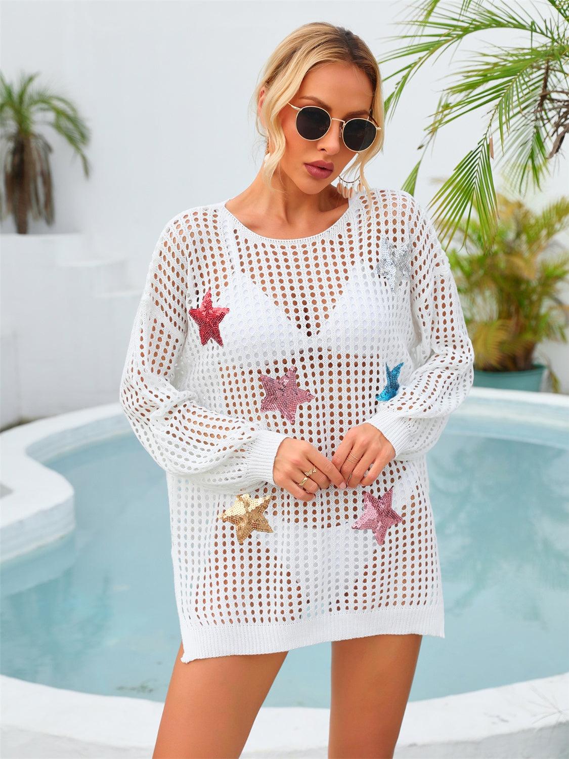 sequin-star-round-neck-long-sleeve-cover-up - Immenzive